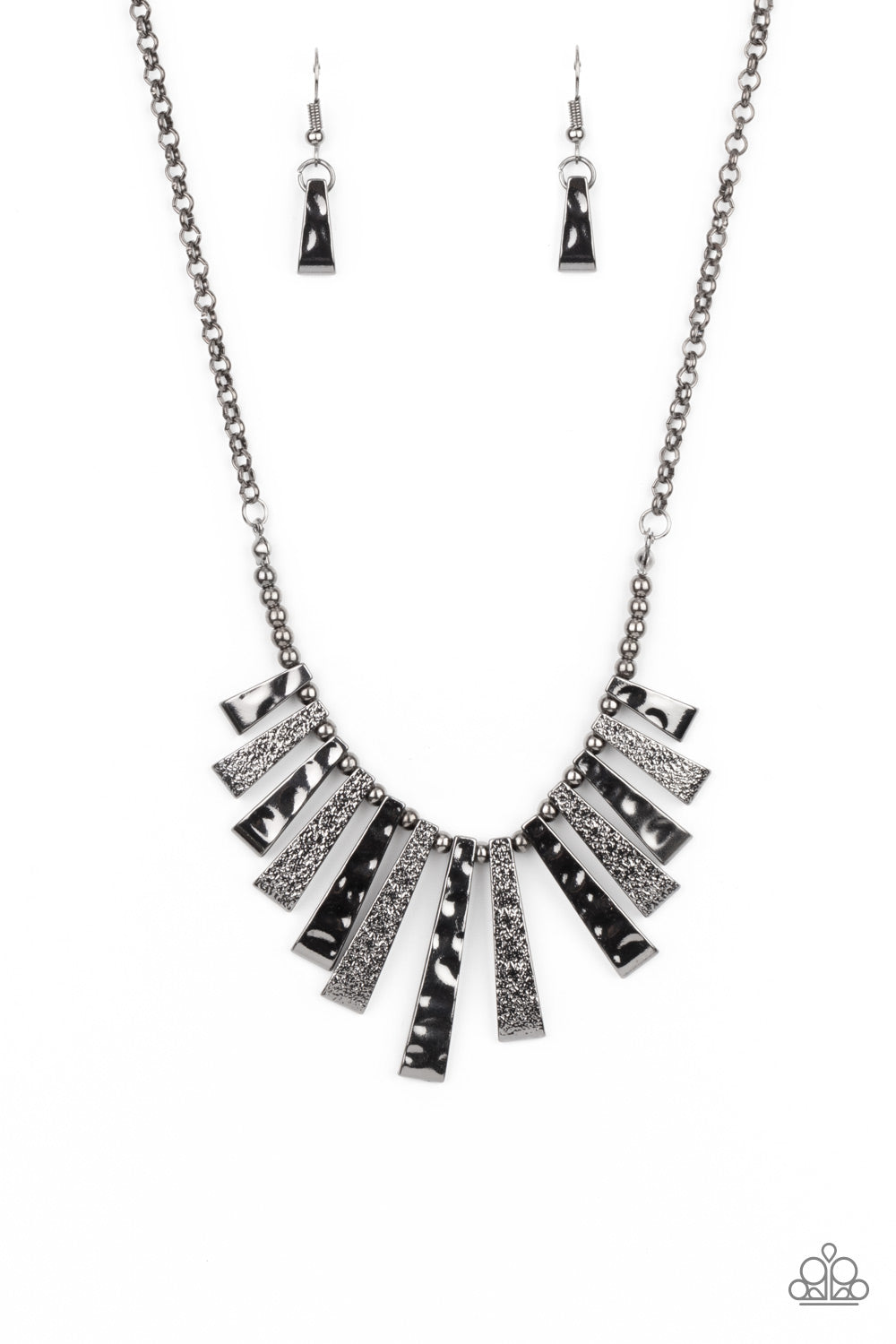 Featuring rustic and shimmery hammered textures, flared gunmetal frames alternate along an invisible wire below the collar, creating an edgy fringe at the bottom of a classic gunmetal chain. Features an adjustable clasp closure. Sold as one individual necklace. Includes one pair of matching earrings.