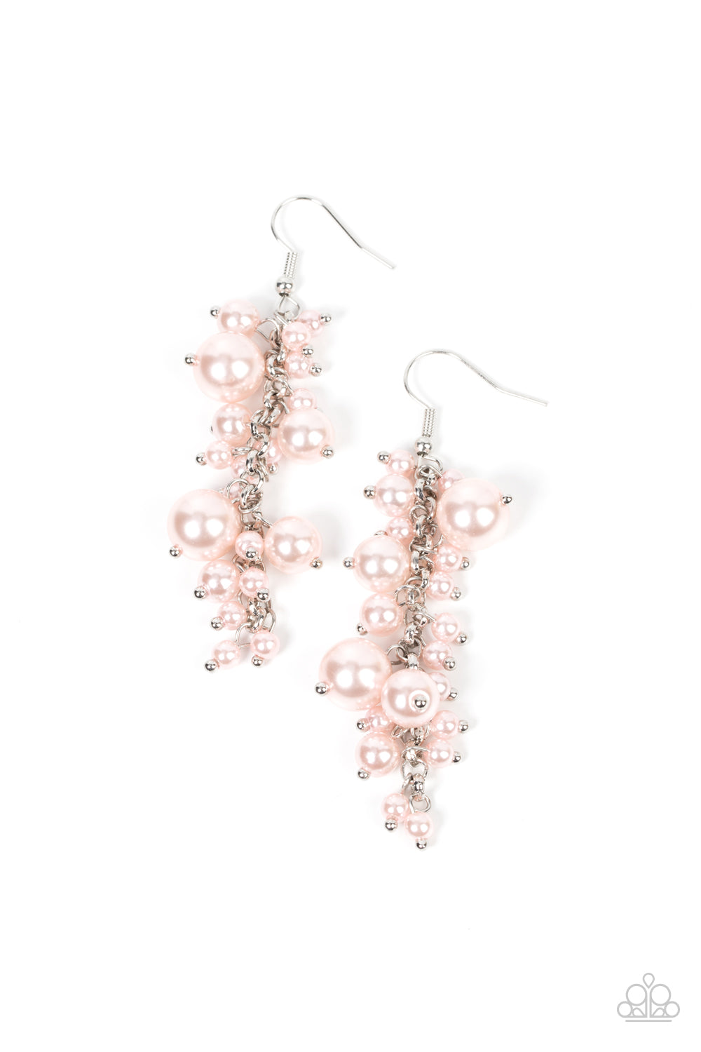 A bubbly collection of timeless pink pearls trickles along a single silver chain, resulting in an effervescently elegant tassel. Earring attaches to a standard fishhook fitting. Sold as one pair of earrings.