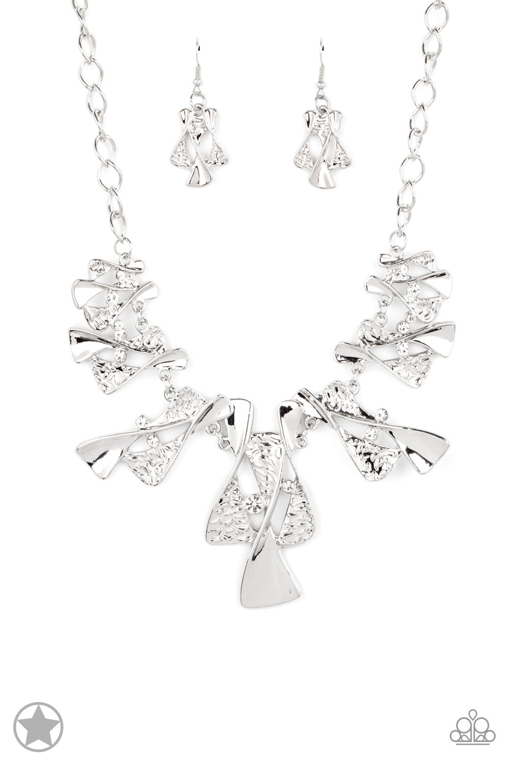 Embellished along a chunky silver chain, twisted hourglass-like shapes, half hammered in texture gradually increase in size as they get to the center of the design for an elegantly esteemed look. Dainty white rhinestones are randomly interspersed along the shapes, adding dazzling depth to the design. Features an adjustable clasp closure. Sold as one individual necklace. Includes one pair of matching earrings.