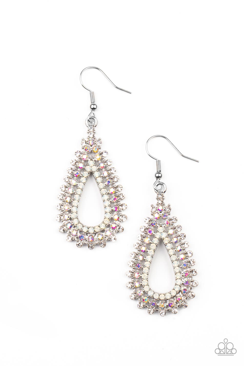 Glittery rows of white, iridescent, and opal rhinestones stack into a solitaire sparkly teardrop frame for a glamorous fashion. Earring attaches to a standard fishhook fitting. Sold as one pair of earrings.