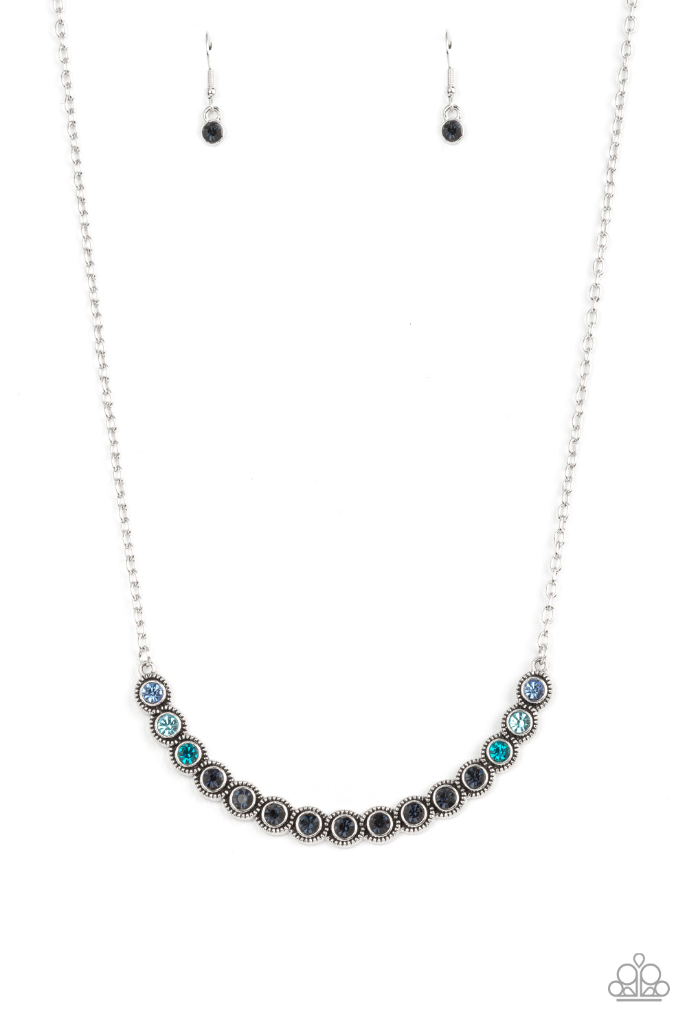 Encased in studded silver fittings, a glittery ombré of blue rhinestones delicately bows below the collar, creating an enchanting pop of color. Features an adjustable clasp closure. Sold as one individual necklace. Includes one pair of matching earrings.