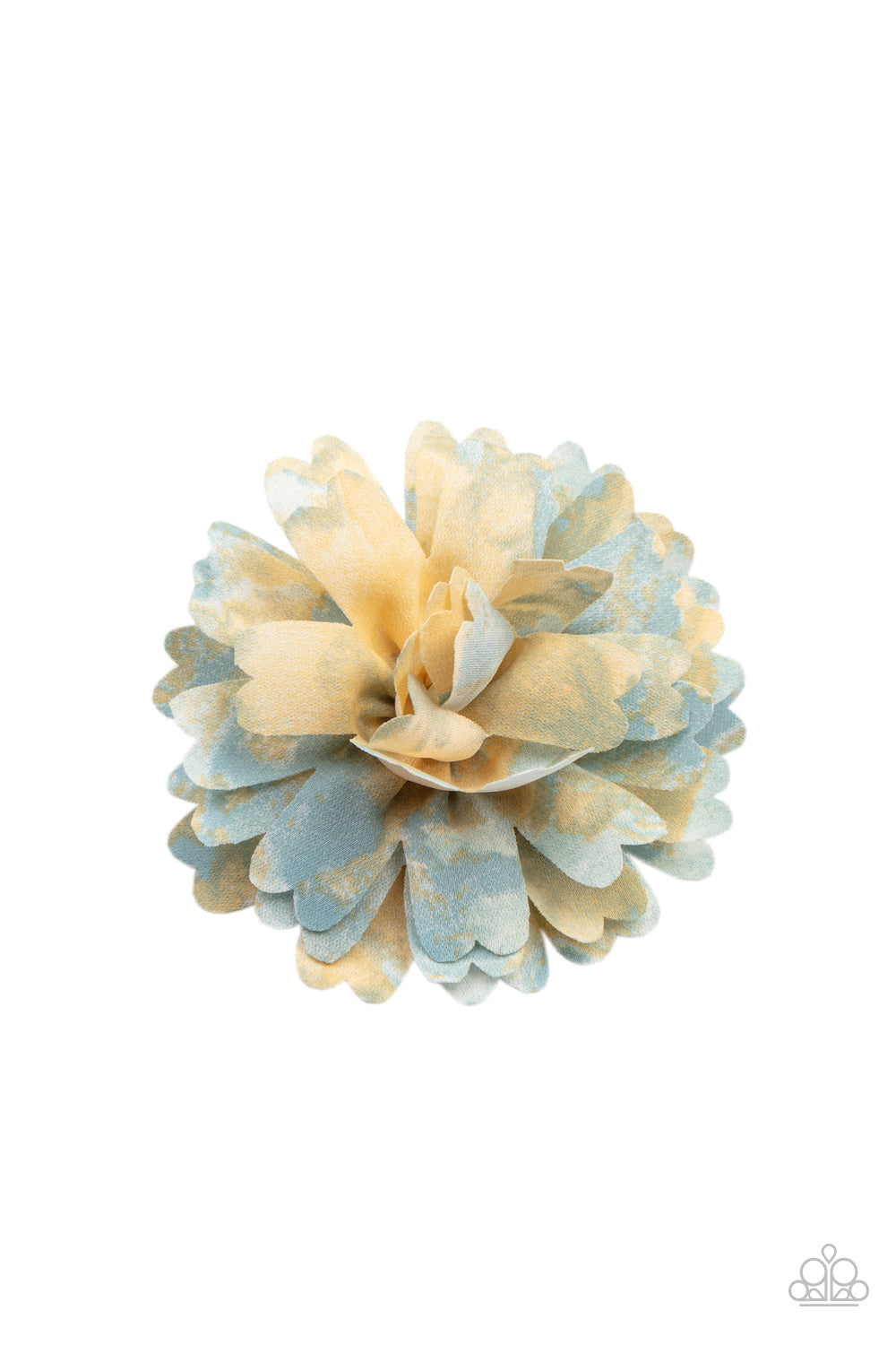 Featuring yellow and blue tie-dyed accents, scalloped petals gather in a colorful flower. Features a standard hair clip on the back. Sold as one individual hair clip.