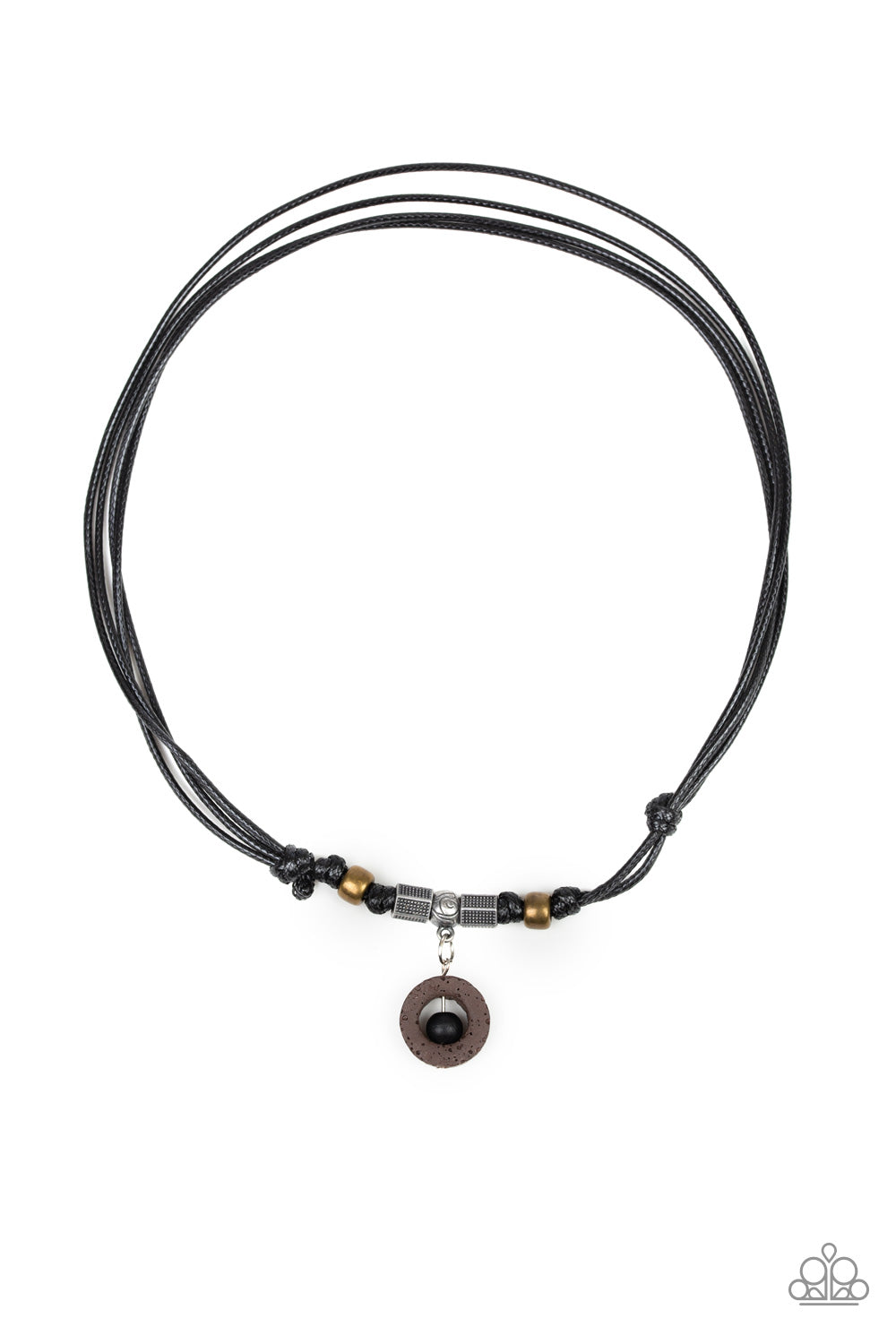 A collection of brass and silver accents are knotted in place below the collar. A black wooden bead is threaded along a rod in the center of a brown lava rock pendant for a seasonal flair. Features an adjustable sliding knot closure. Sold as one individual necklace.