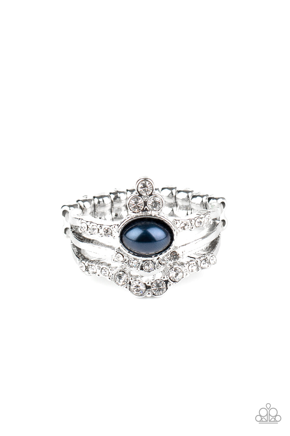 Encrusted in glassy white rhinestones, dainty silver bars arc across the finger, coalescing into an airy band. Dotted with a pearly blue bead, a glittery white rhinestone frame crowns the uppermost band for a regal finish. Features a stretchy band for a flexible fit. Sold as one individual ring.