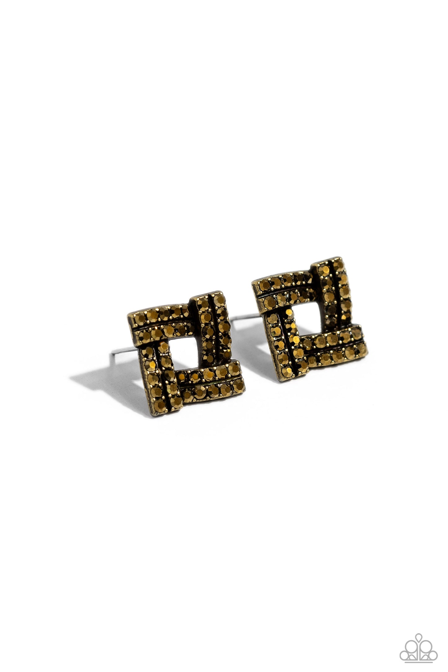Dotted in dainty aurum rhinestones, curved rows of brass bars delicately overlap into a stunning square frame. Earring attaches to a standard post fitting. Sold as one pair of post earrings.