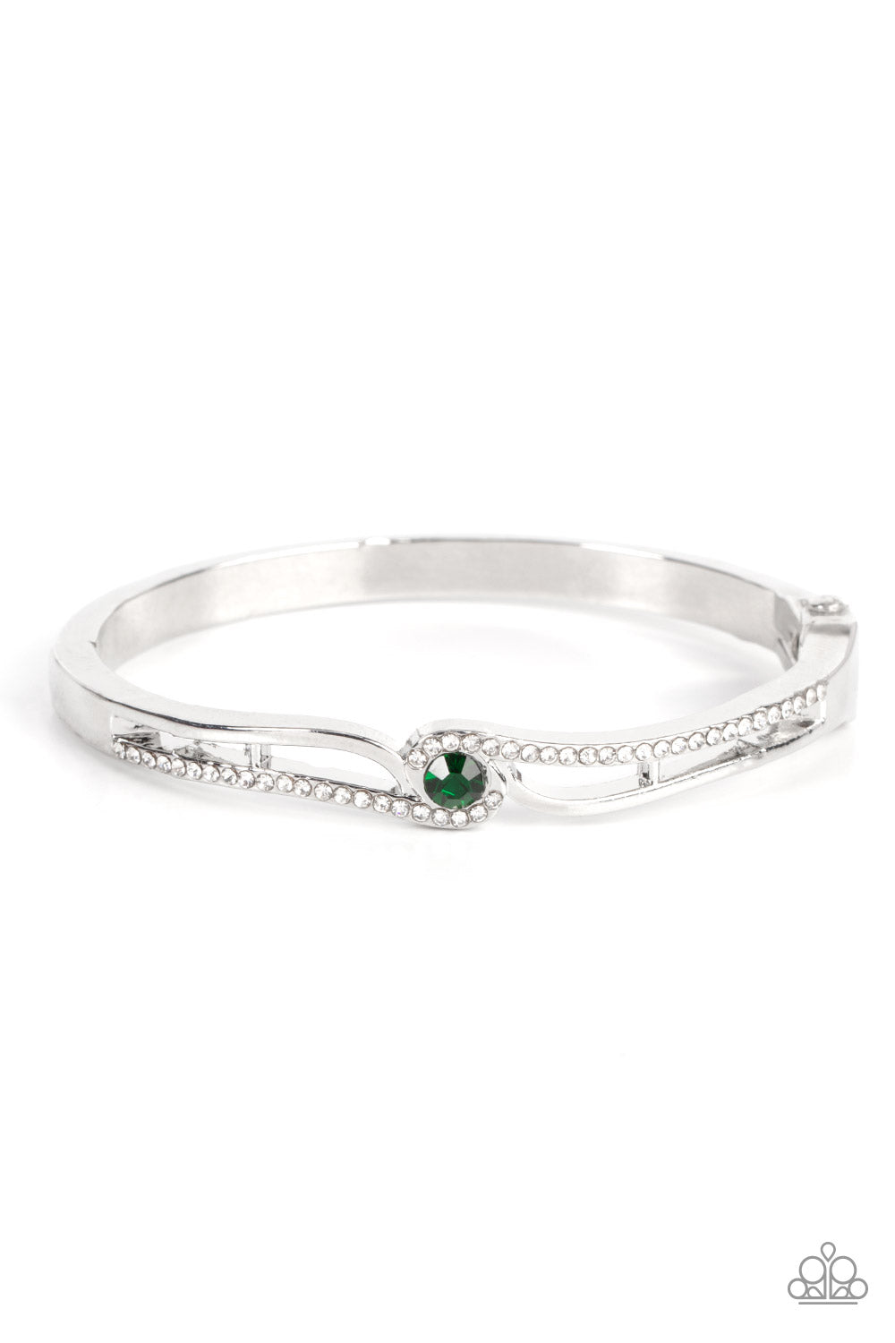Ribbons of shiny silver and white rhinestone encrusted silver bars wrap around a glittery green rhinestone center, resulting in a timeless shimmer atop a versatile bangle-like bracelet. Features a hinged closure. Sold as one individual bracelet.