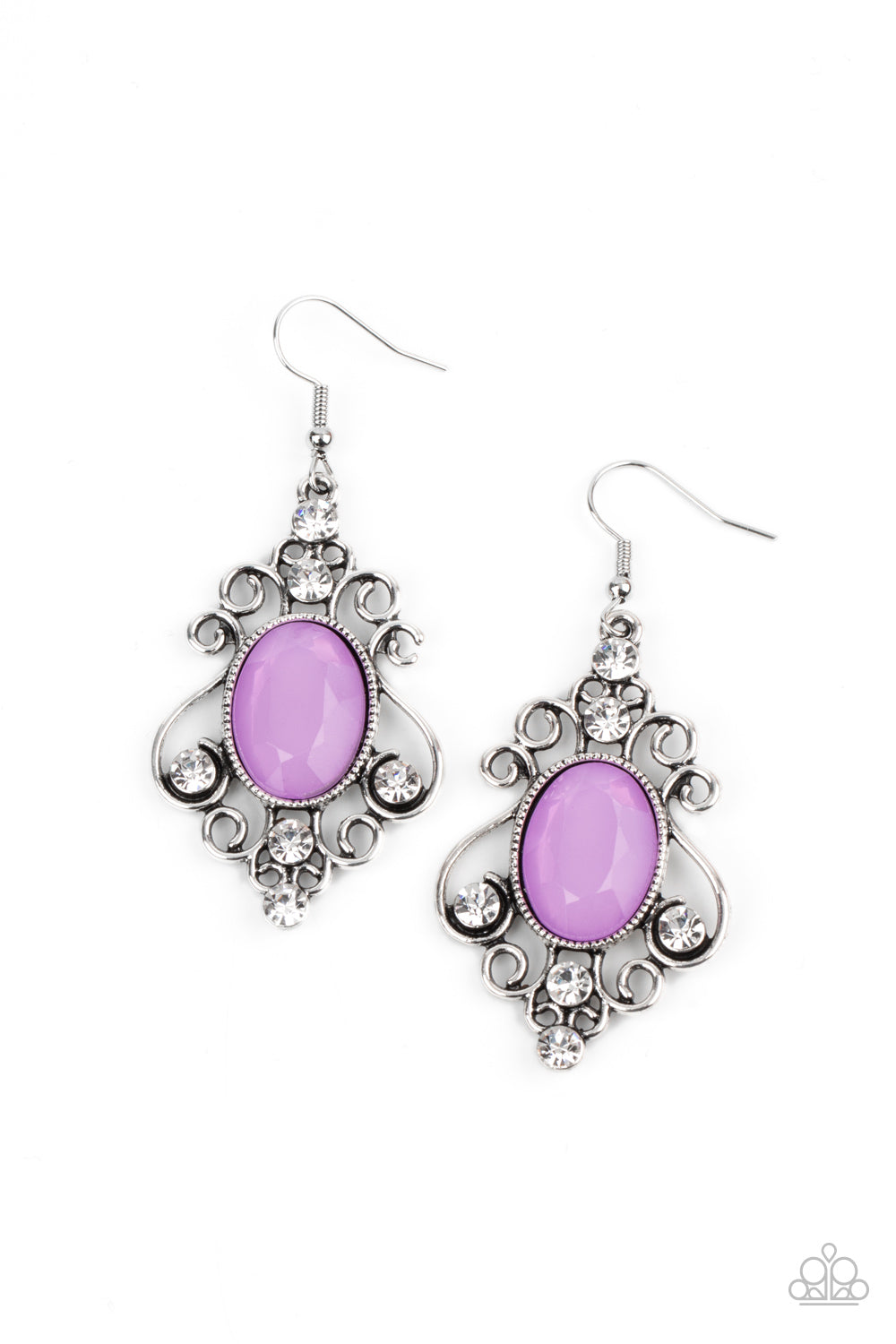 Dotted with glittery white rhinestones, antiqued silver filigree flares out from an opalescent Amethyst Orchid gem, creating an enchanting chandelier. Earring attaches to a standard fishhook fitting. Sold as one pair of earrings.