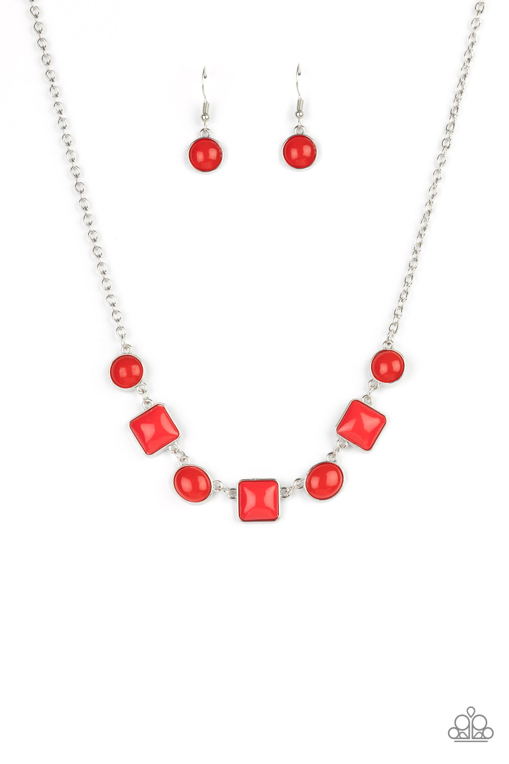 Bright red square and round shaped beads pressed into simple silver frames link across the collar on a silver chain for a dainty but daring display. Features an adjustable clasp closure. Sold as one individual necklace. Includes one pair of matching earrings.