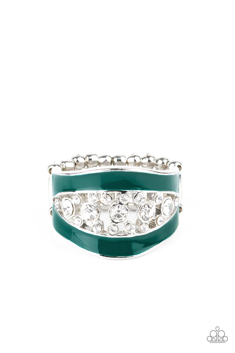 Glittery white rhinestones dance between two shiny Quetzal Green bands, coalescing into a refined centerpiece. Features a stretchy band for a flexible fit. Sold as one individual ring.