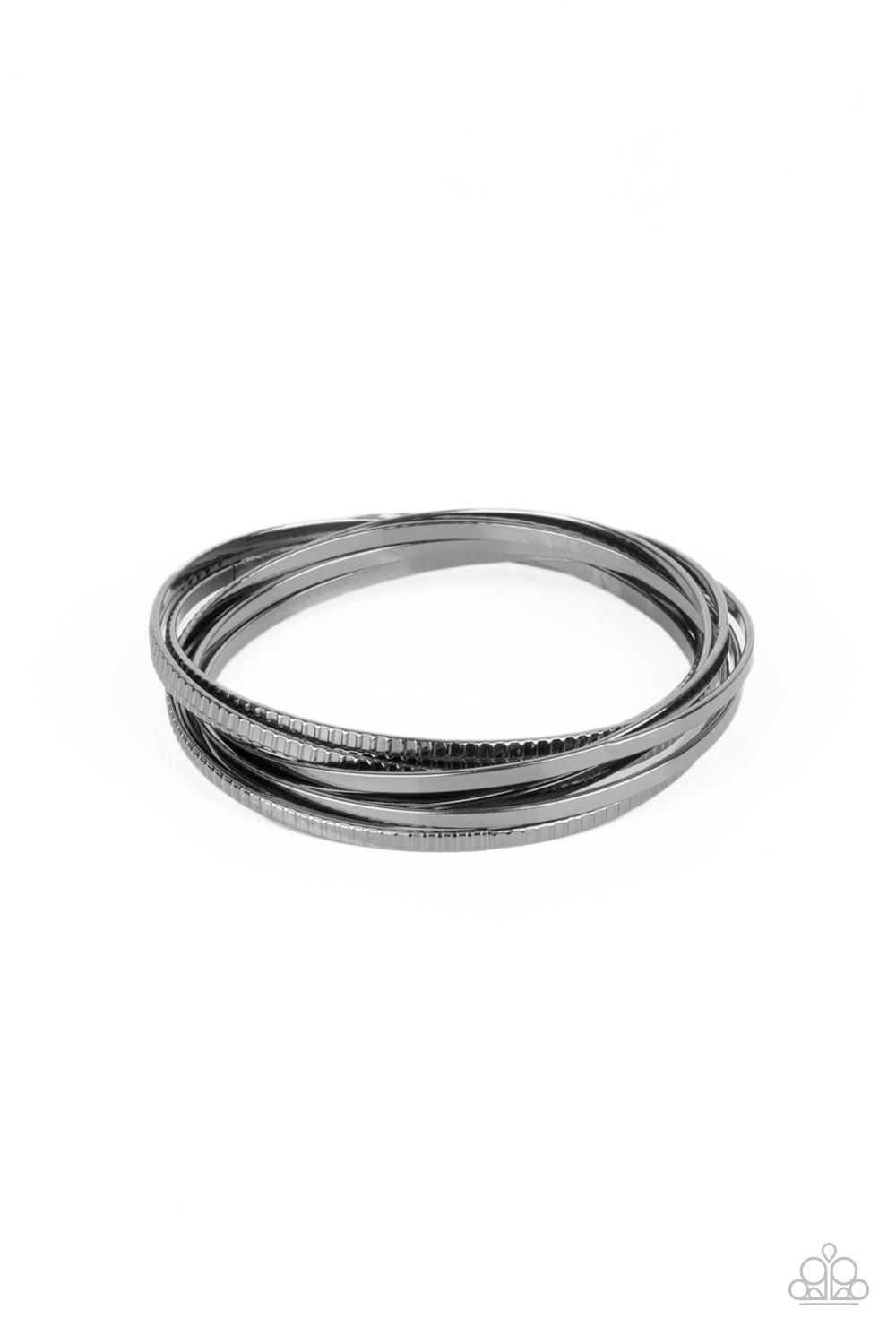 A set of four plain gunmetal bangles interlocks with four glistening gunmetal bangles etched in a tread-like pattern, creating an edgy stacked look around the wrist. Sold as one individual bracelet.