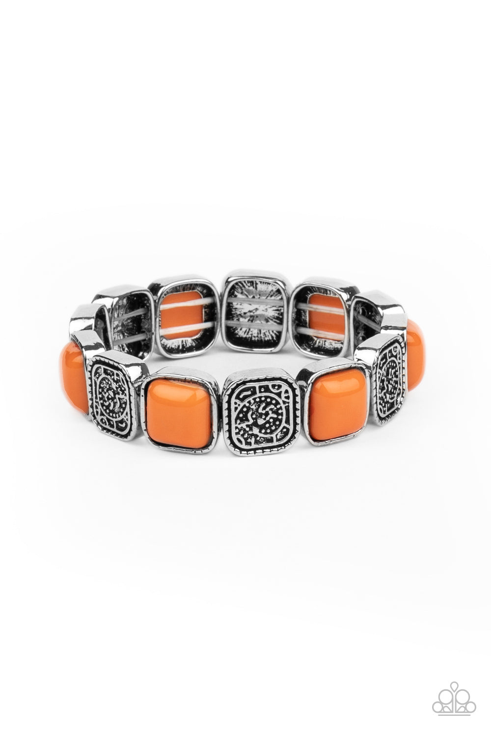 Studded in abstract textures, antiqued silver frames join square Amberglow beaded frames along a stretchy band around the wrist for a colorfully vintage look. Sold as one individual bracelet.