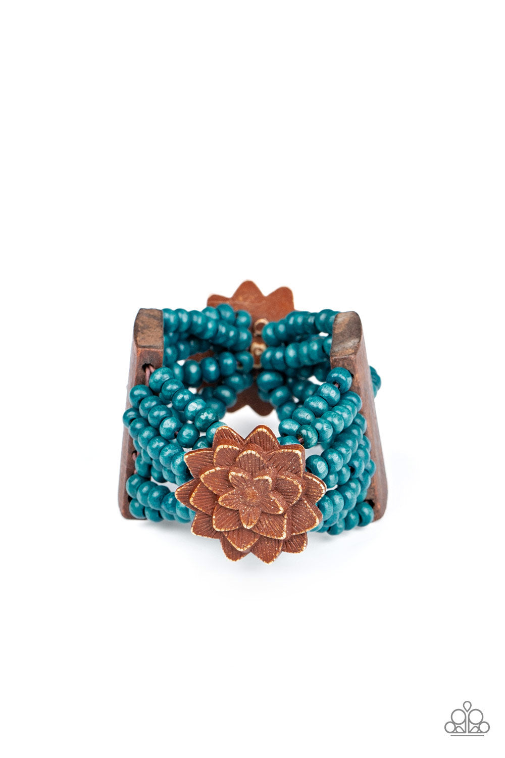 Held together by oversized rectangular fittings and wooden floral frames, strands of refreshing blue wooden beads are threaded along stretchy bands that weave around the wrist for a colorful island inspired look. Sold as one individual bracelet.