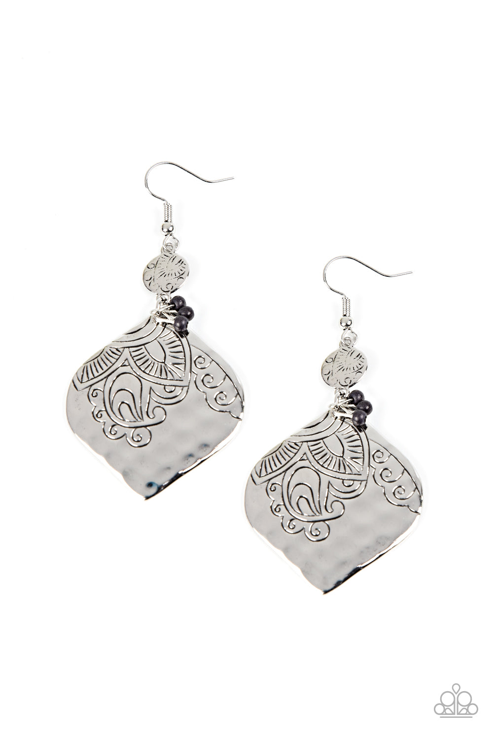 A dainty silver disc and hammered teardrop frame are stamped in a tropical floral pattern as they link into a shimmery lure. A cluster of dainty black beads is added to the whimsical display, invoking a pop of seasonal color. Earring attaches to a standard fishhook fitting. Sold as one pair of earrings.