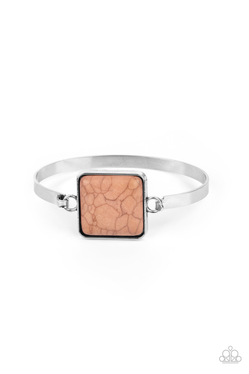 A brown square stone frame links with one side of a shiny silver cuff, while the other side of the earthy frame hinges to the other side, creating a versatile fit. Features a hinged closure. Sold as one individual bracelet.