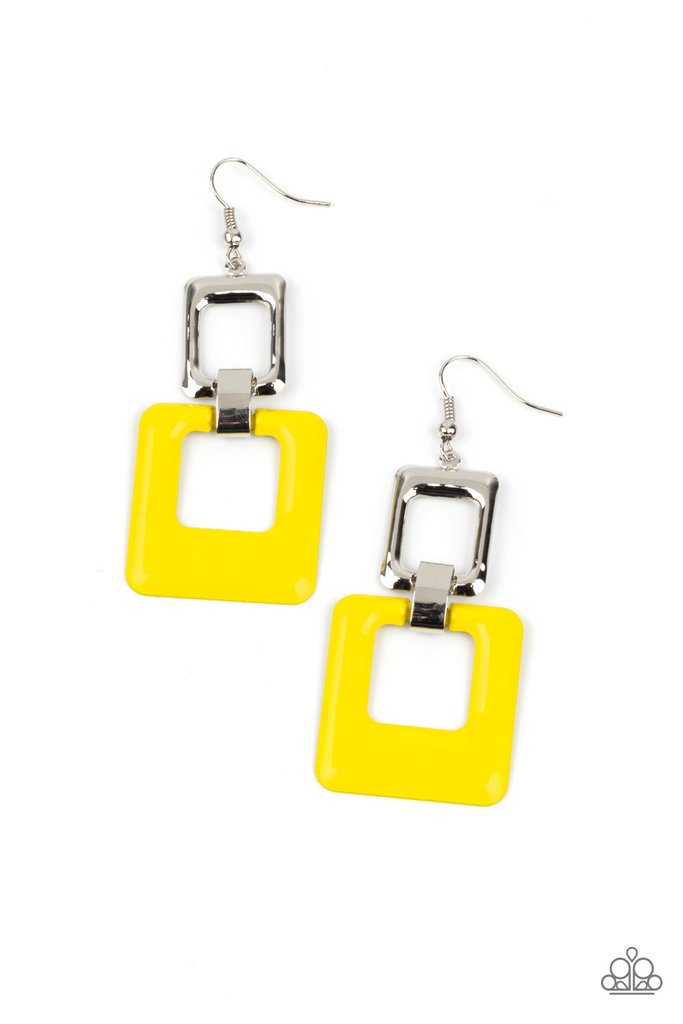 A cutout square painted in the bold Pantone® of Illuminating sways from a shiny silver cutout square for a playful finish. Earring attaches to a standard fishhook fitting. Sold as one pair of earrings.