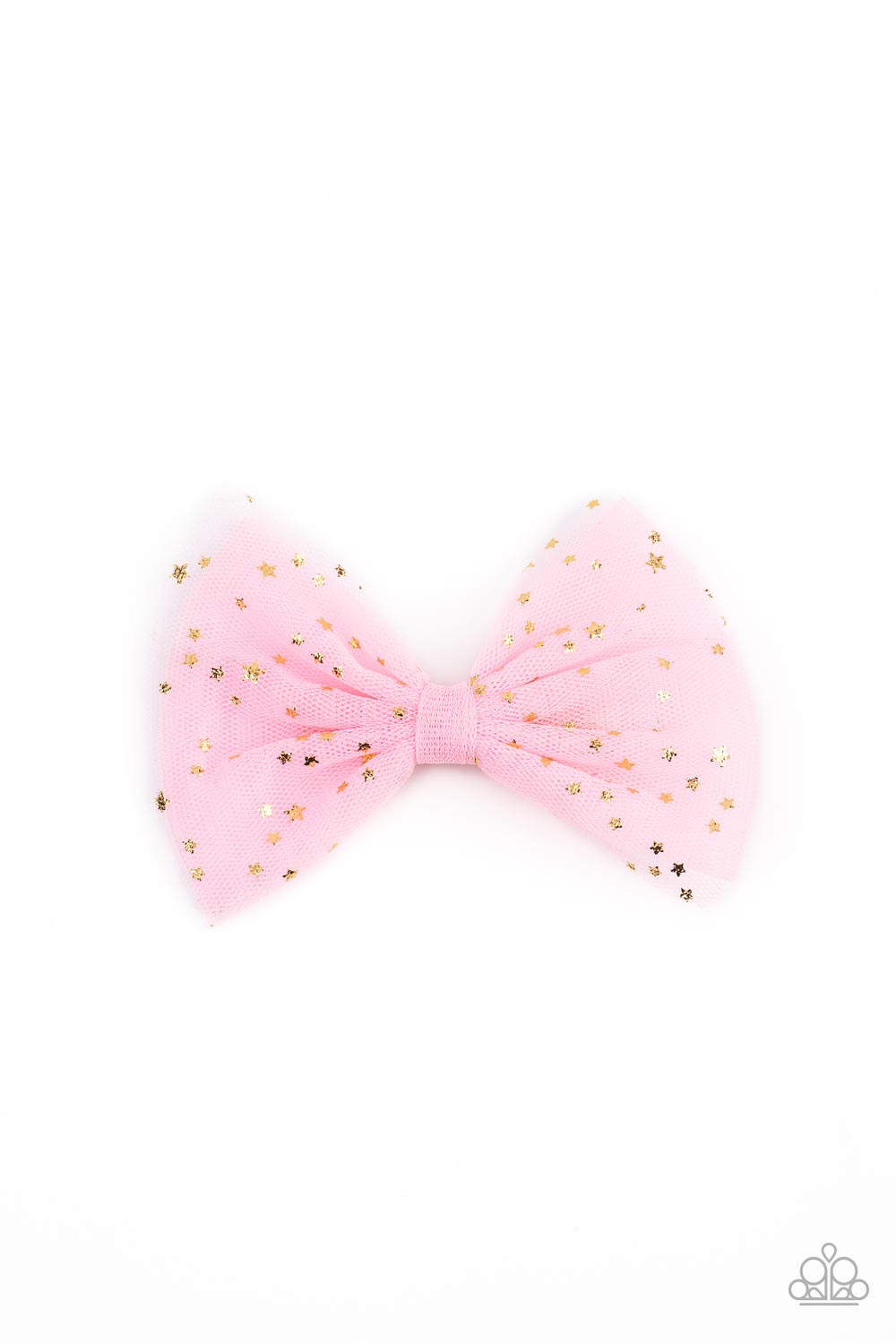 Flecked in dainty gold stars, ribbons of pink tulle delicately knot into a twinkly bow for a stellar fashion. Features a standard hair clip on the back. Sold as one individual hair clip.
