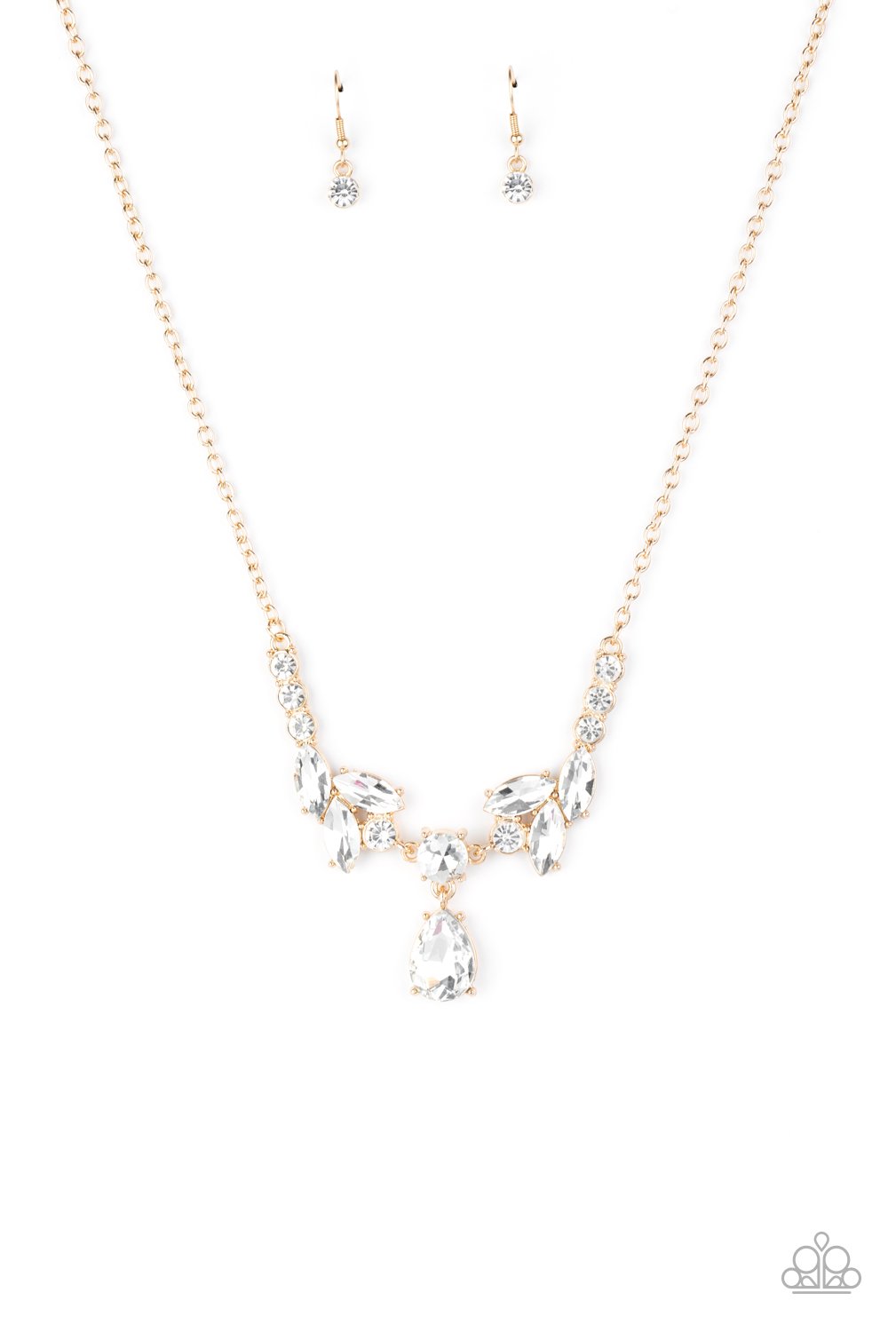 Tiers of white rhinestone encrusted gold frames delicately link below the collar, giving way to an oversized white teardrop rhinestone pendant for a timeless finish. Features an adjustable clasp closure. Sold as one individual necklace. Includes one pair of matching earrings.
