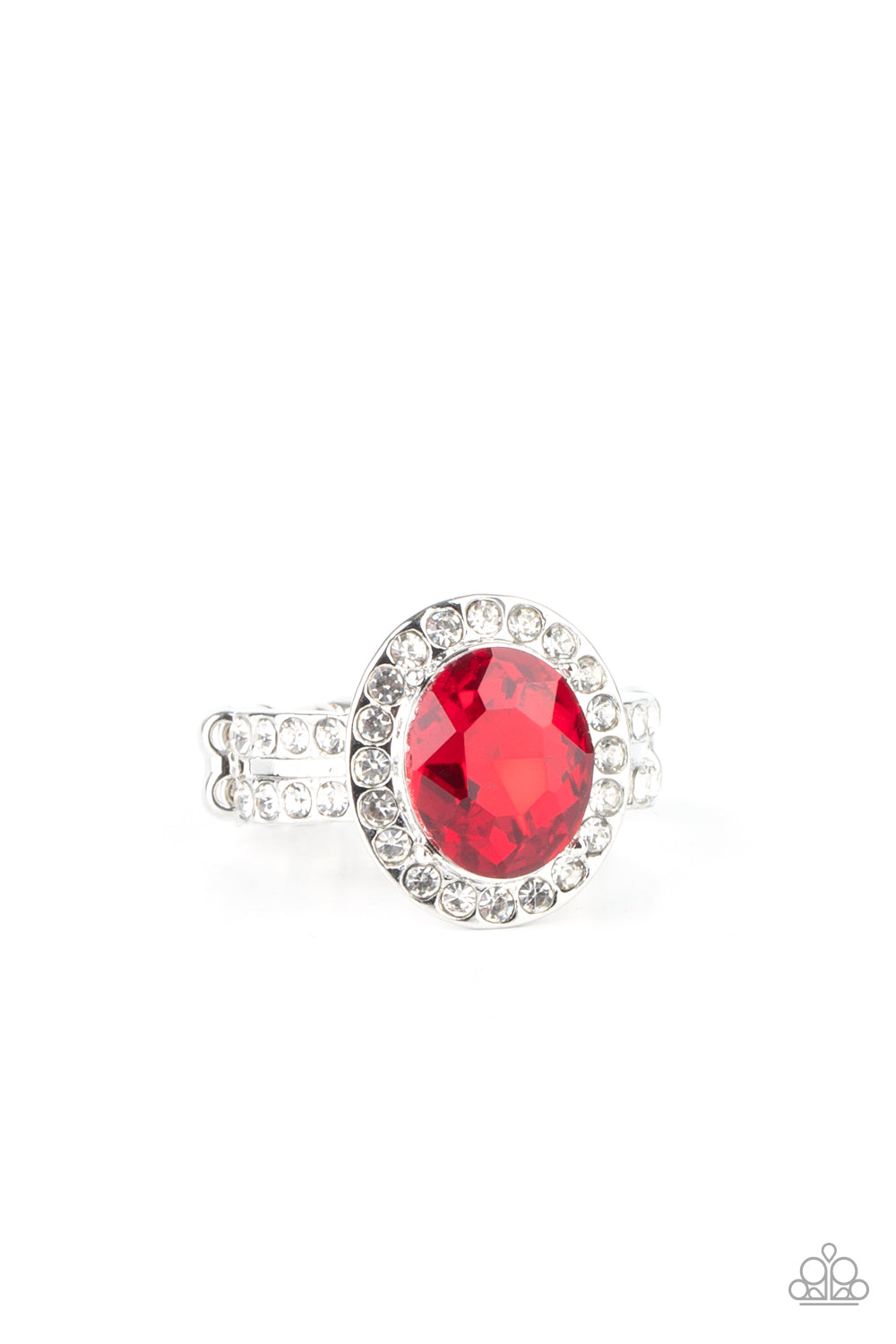 A fiery red oval gem is pressed into the center of a silver frame encrusted in glassy white rhinestones. The sparkly centerpiece sits atop two bands dotted in matching rhinestones, completing its statement-making look. Features a dainty stretchy band for a flexible fit. Sold as one individual ring.