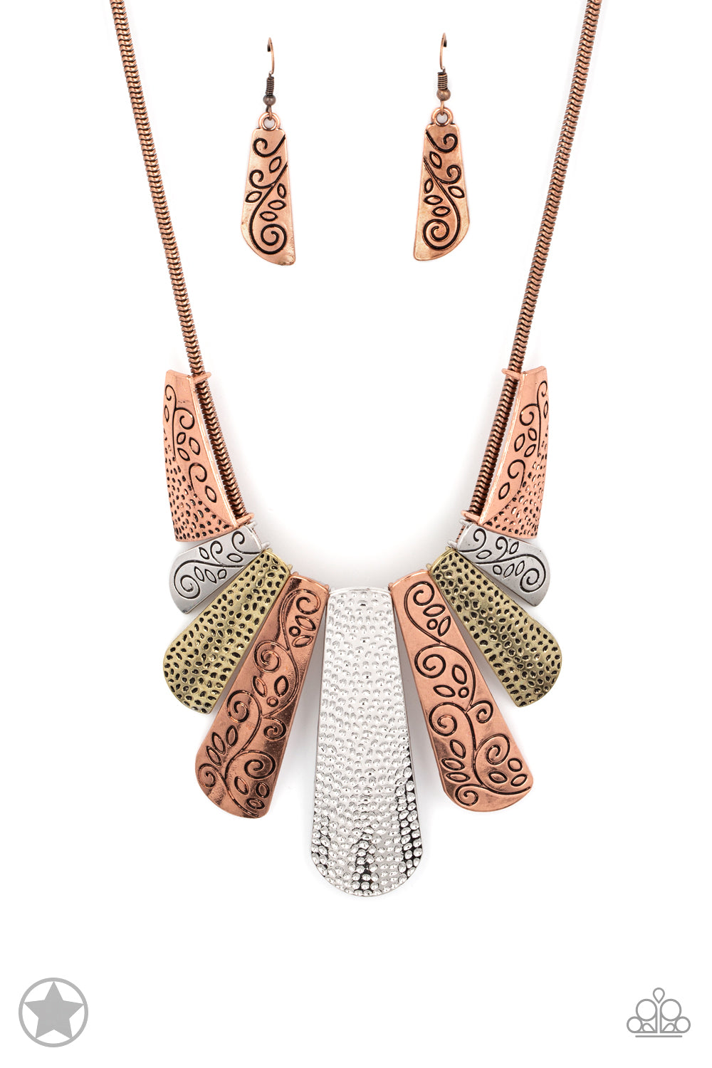Copper, silver and brass plates featuring various hammered and filigreed textures fan out across the chest along a thick copper snake chain. The gorgeous tribal design falls gracefully below the collar into a dramatic statement piece. Features an adjustable clasp closure. Sold as one individual necklace. Includes one pair of matching earrings.