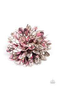 Featuring pink accents, the petals of a bouncy blossom are printed in an abstract geometric pattern for an artsy look. Features a standard hair clip on the back. Sold as one individual hair clip.