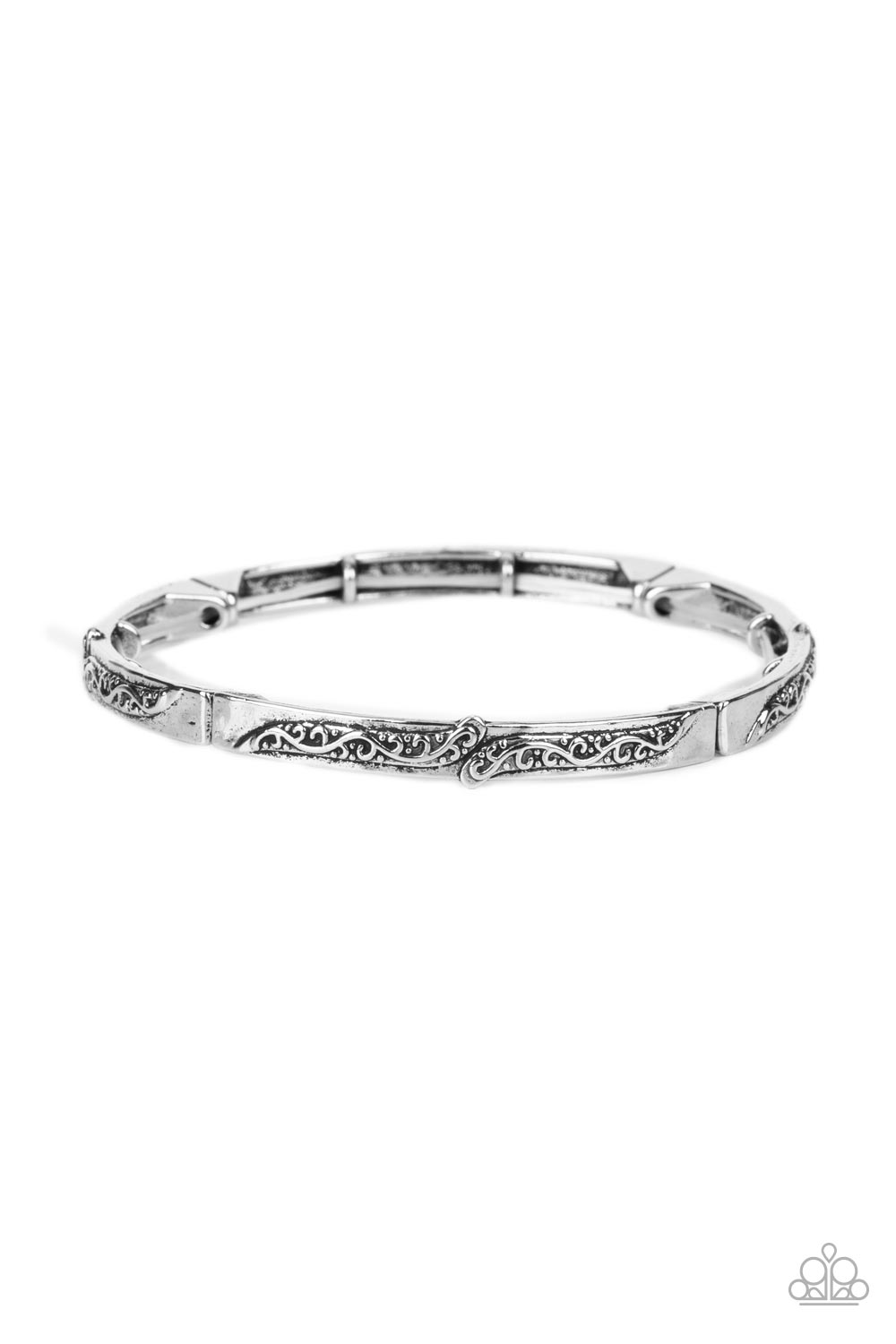Embossed in rustic vine-like filigree, dainty silver frames gently curve as they are threaded along stretchy bands around the wrist for a seasonal fashion.
Sold as one individual bracelet.