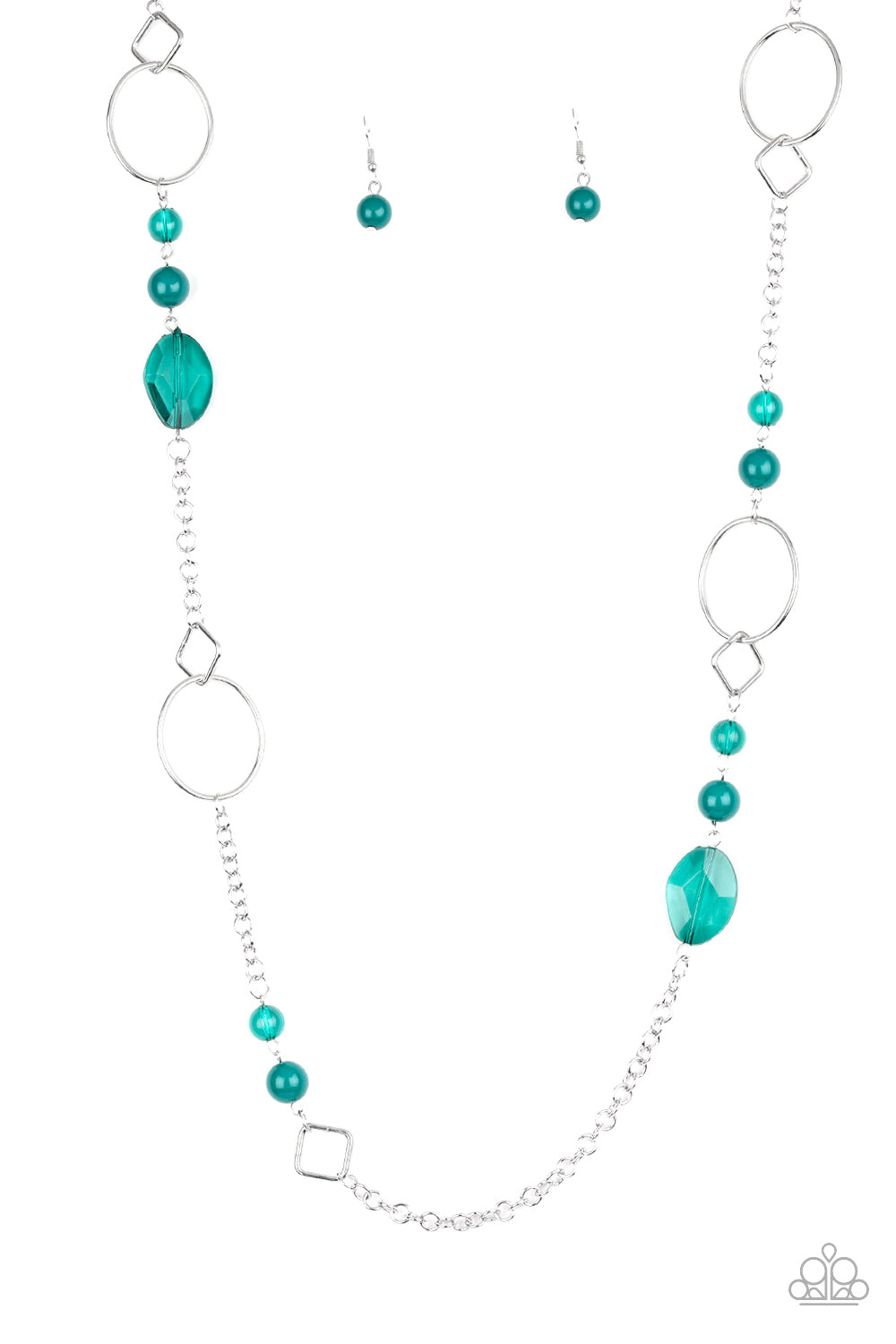 Polished and glassy Quetzal Green beads trickle along a shimmery silver chain featuring round and square frames for a seasonal look. Features an adjustable clasp closure. Sold as one individual necklace. Includes one pair of matching earrings.