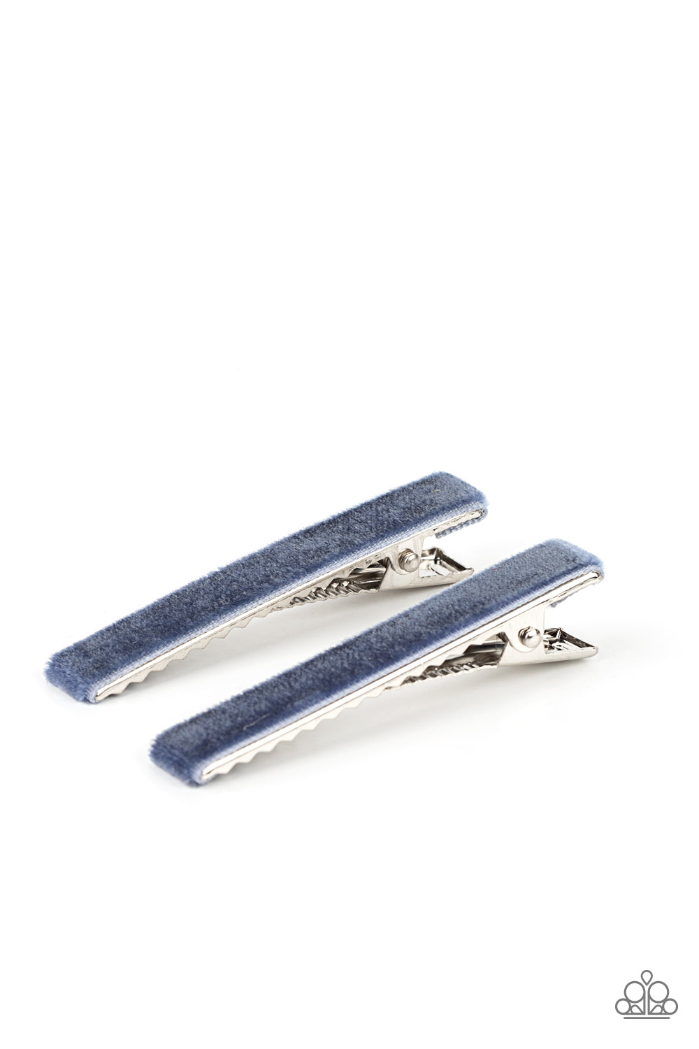 A pair of rectangular frames are covered in pieces of blue velvet, creating a vintage inspired look. Features standard hair clips on the back. Sold as one pair of hair clips.