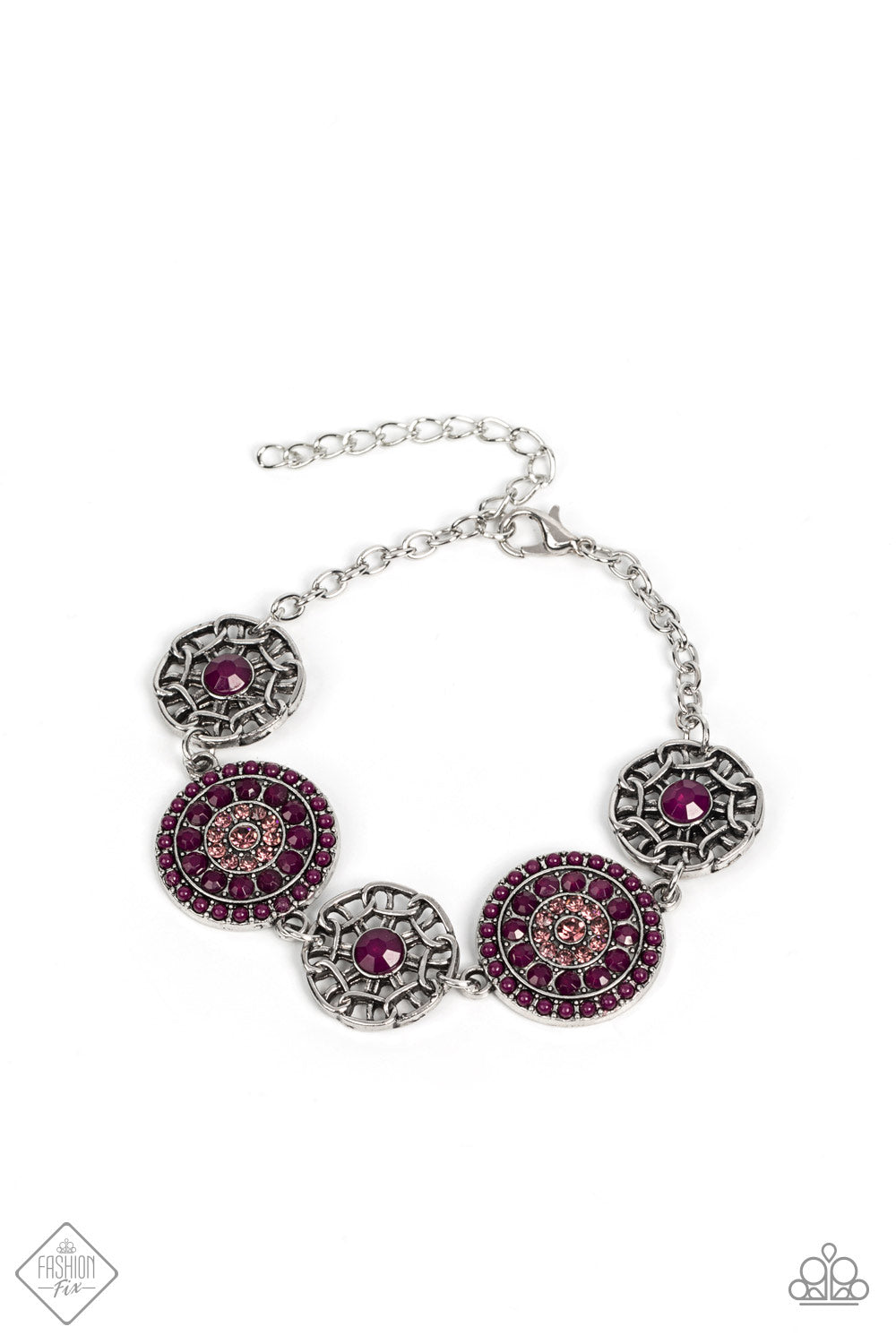 Bursts of faceted plum beads and sparkling light amethyst rhinestones radiate from the centers of antiqued silver frames, while smaller airy frames are dotted with plum centers. The whimsical designs delicately link around the wrist making a mesmerizing display. Features an adjustable clasp closure. Sold as one individual bracelet.