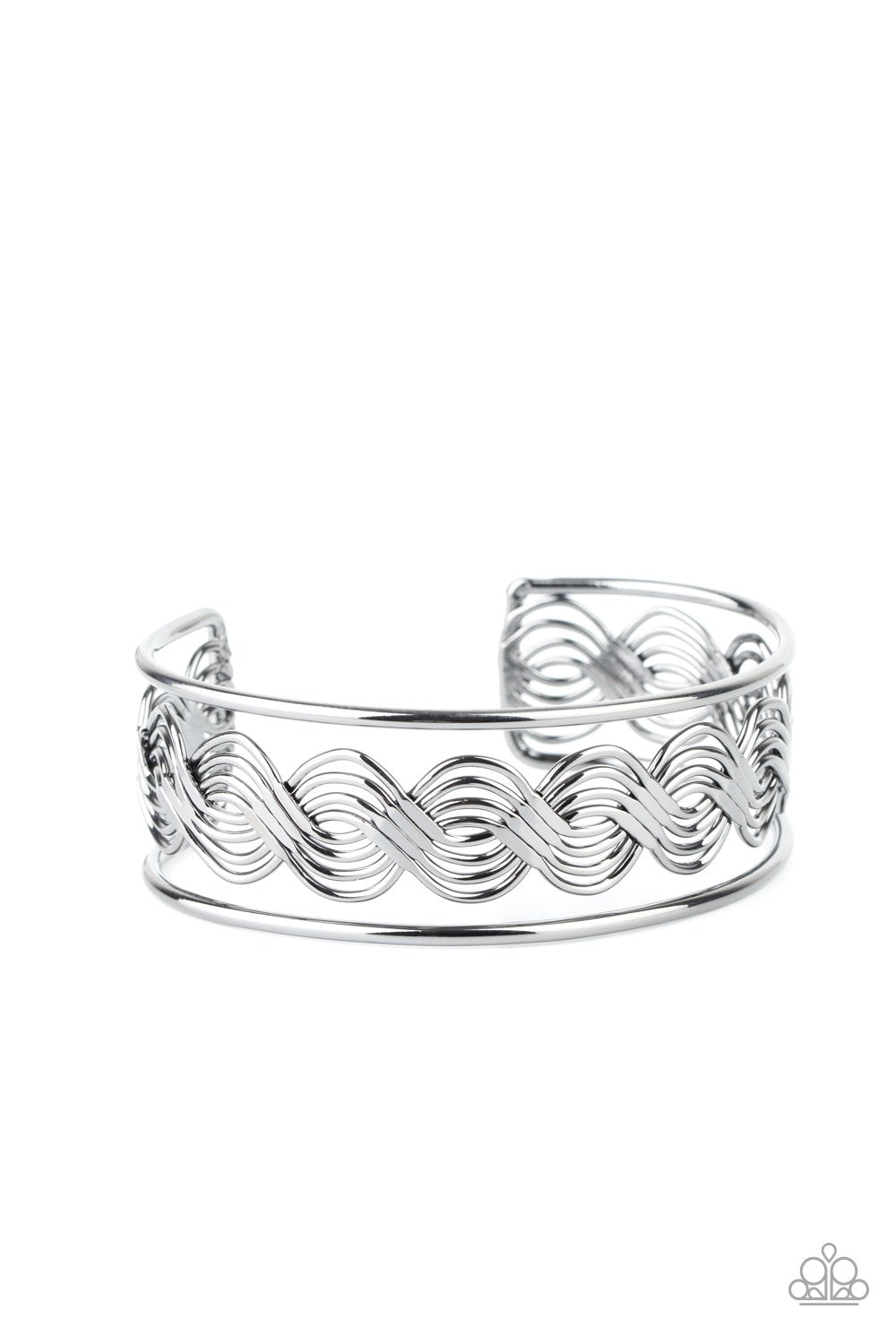 Flattened in sections, rows of glistening gunmetal wire weave between two gunmetal bars, creating a shimmery cuff around the wrist. Sold as one individual bracelet.