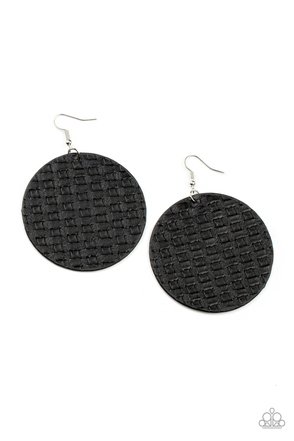 Featuring a faux woven pattern a leathery black frame swings from the ear for an earthy artisan fashion. Earring attaches to a standard fishhook fitting. Sold as one pair of earrings.
