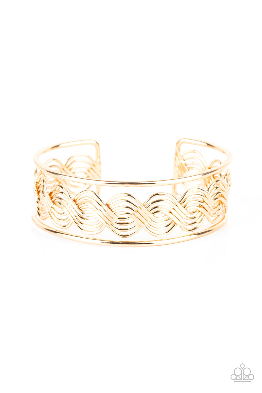 Flattened in sections, rows of glistening gold wire weave between two gold bars, creating a shimmery cuff around the wrist. Sold as one individual bracelet.