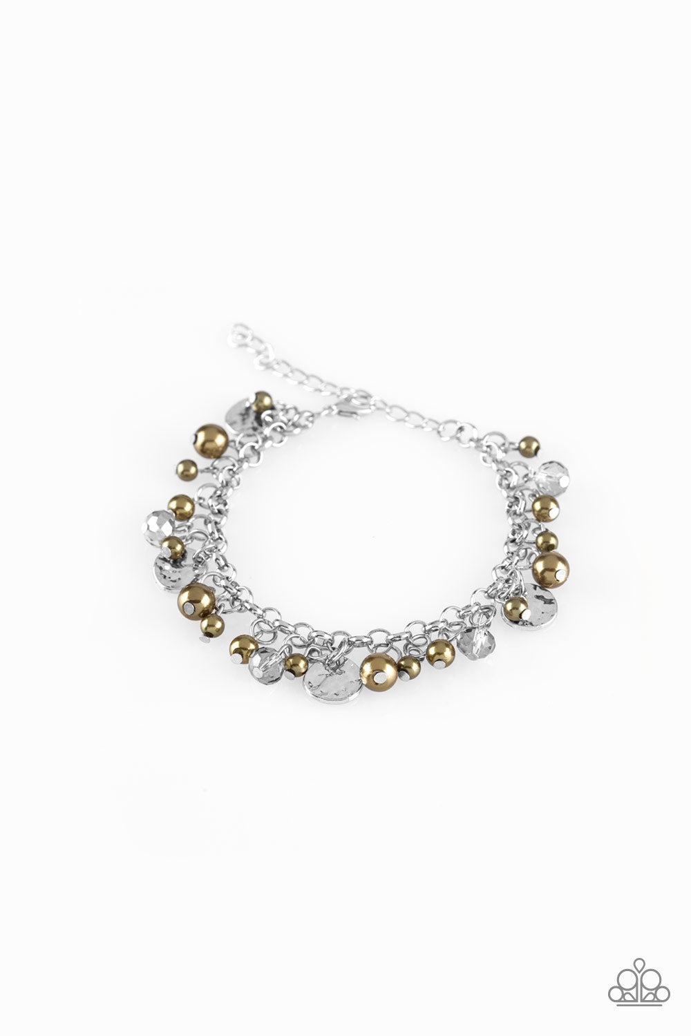 Pearly green beads, smoky crystal-like gems, and hammered silver discs swing from a bold silver chain, creating a refined fringe around the wrist. Features an adjustable clasp closure.
Sold as one individual bracelet.