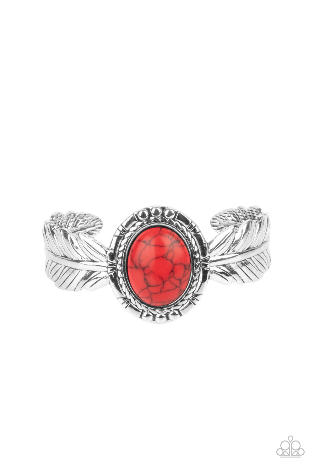 Stamped and embossed in lifelike textures, two shiny silver feathers branch out from a red stone frame featuring rustic silver details. The whimsical centerpiece curls around the wrist, creating a free-spirited cuff. Sold as one individual bracelet.