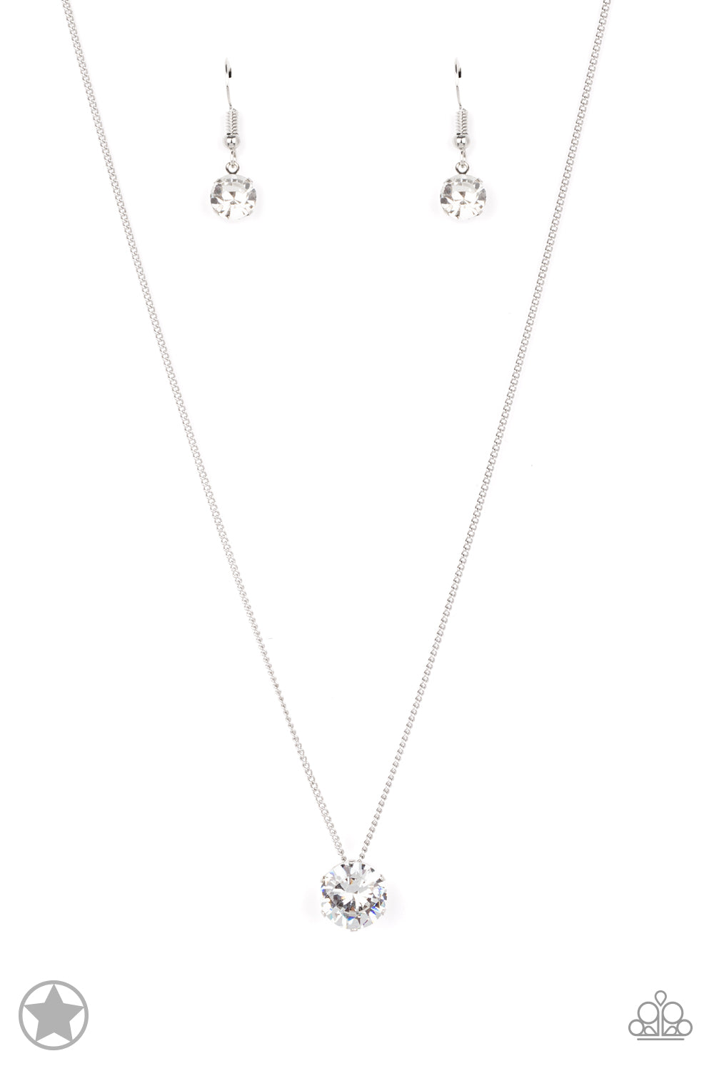 A single rhinestone sparkles brilliantly at the bottom of a dainty silver chain, creating a stunning solitaire design. Features an adjustable clasp closure. Sold as one individual necklace. Includes one pair of matching earrings.