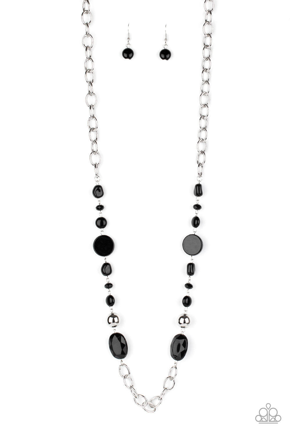 Varying in size and shape, flat and faceted black beads link with a pair of classic silver beads along sections of bold silver links, coalescing into a colorful display across the chest. Features an adjustable clasp closure. Sold as one individual necklace. Includes one pair of matching earrings.
