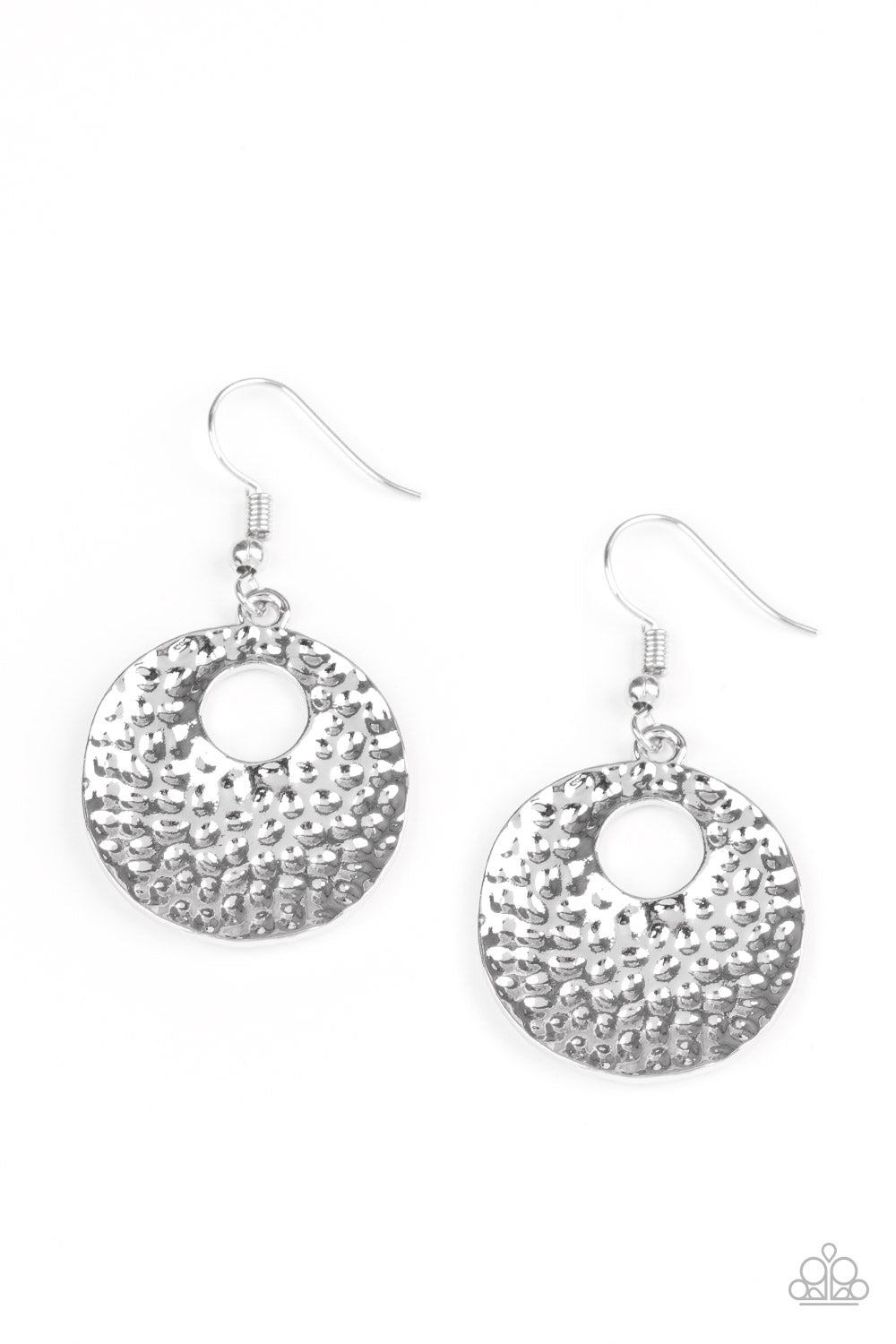 Embossed in tactile textures, a shimmery silver frame swings from the ear for an edgy look. Earring attaches to a standard fishhook fitting. Sold as one pair of earrings.