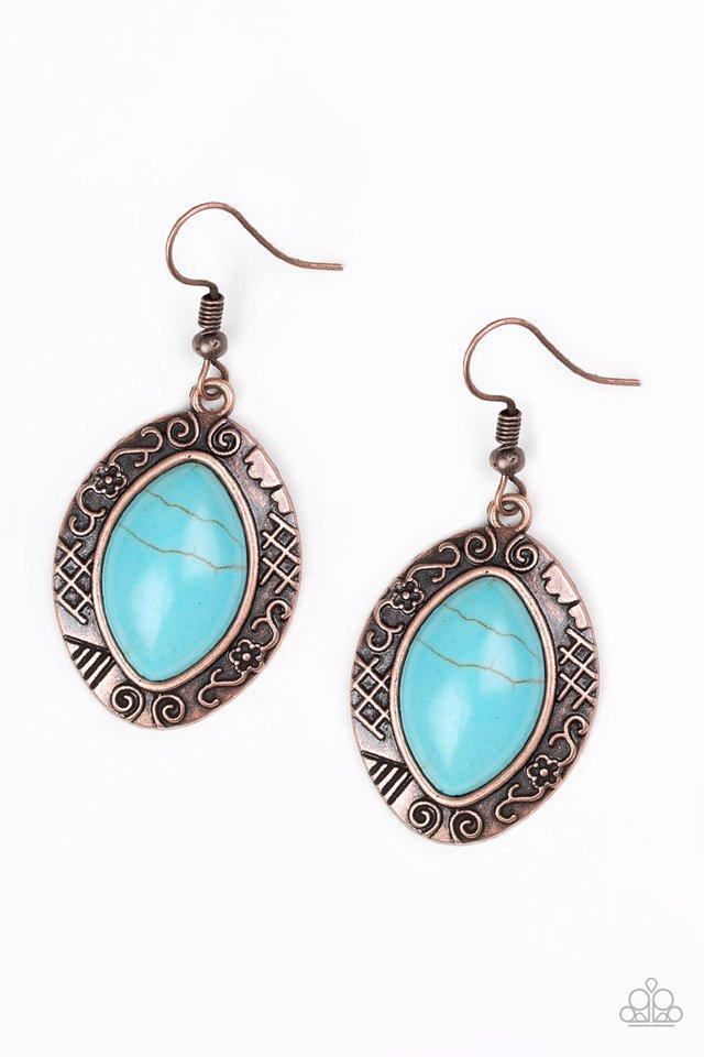 A refreshing turquoise stone is pressed into the center of a glistening copper frame radiating with floral and tribal inspired patterns for a seasonal look. Earring attaches to a standard fishhook fitting. Sold as one pair of earrings.