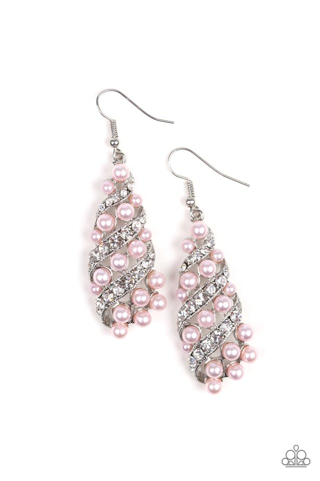 White rhinestone encrusted ribbons wrap around a bubbly pink pearl teardrop frame for a timeless look. Earring attaches to a standard fishhook fitting. Sold as one pair of earrings.