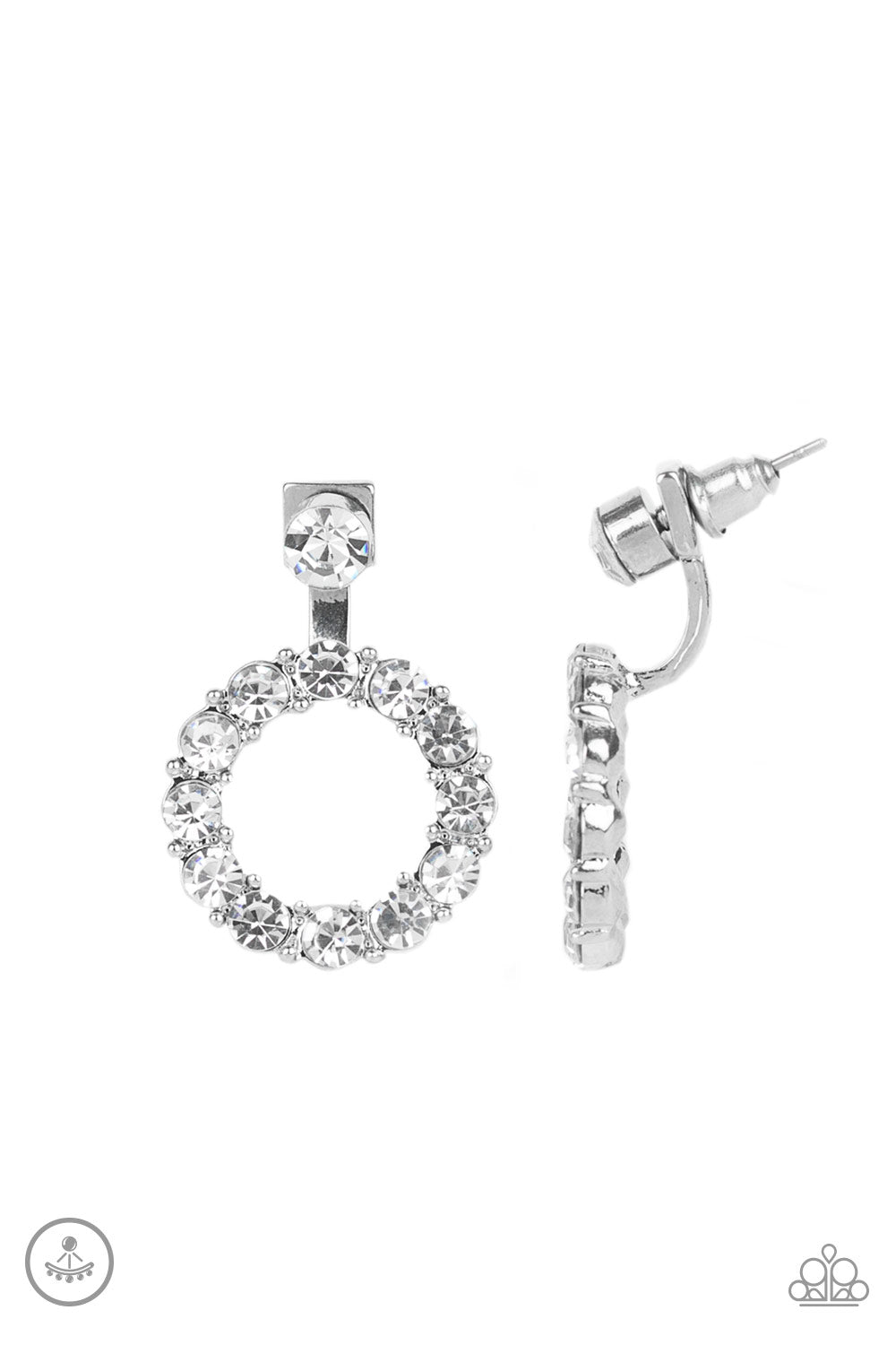 A solitaire white rhinestone attaches to a double-sided post, designed to fasten behind the ear. Encrusted in a ring of glassy white rhinestones, the glittery hoop peeks out beneath the ear for a glamorous look. Earring attaches to a standard post fitting. Sold as one pair of double-sided post earrings.