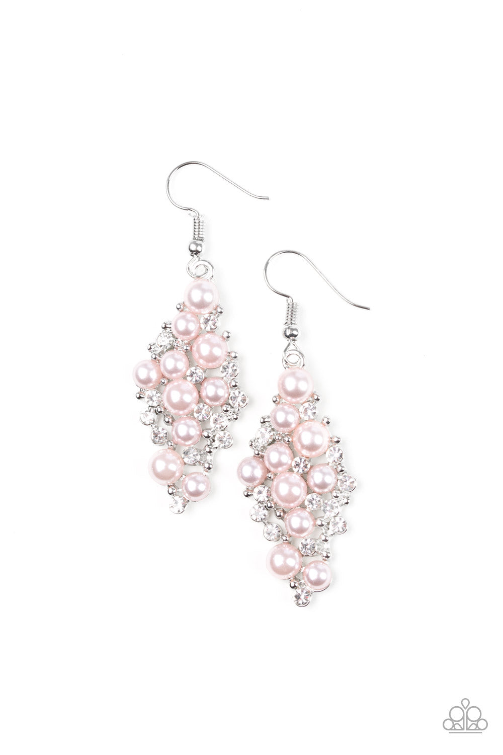 Bubbly pink pearls, dainty silver studs, and radiant white rhinestones coalesce into an elegant lure. Earring attaches to a standard fishhook fitting. Sold as one pair of earrings.