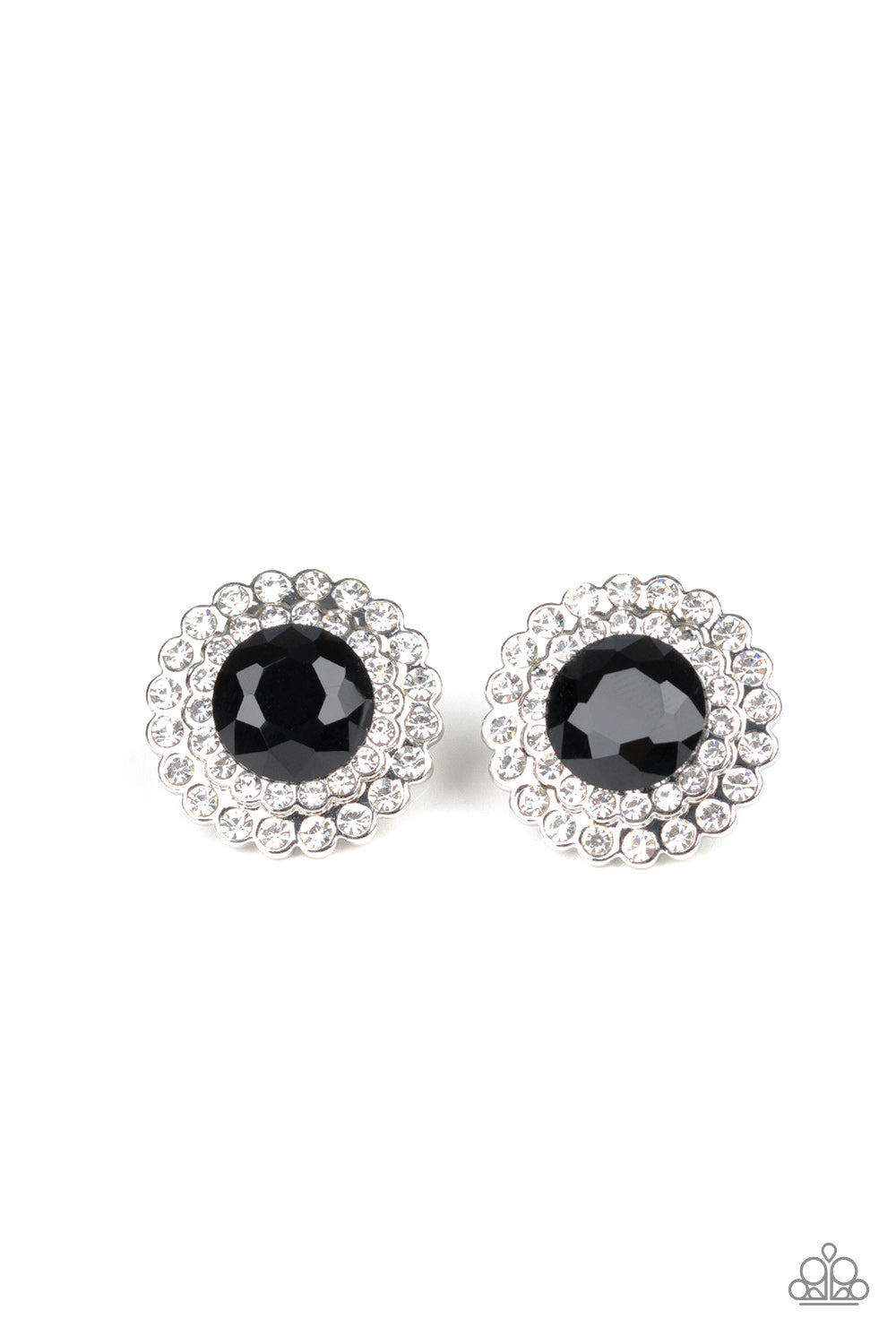 An oversized black gem is pressed into a shimmery silver frame stacked with glittery white rhinestones for a glamorous touch. Earring attaches to a standard post fitting. Sold as one pair of post earrings.