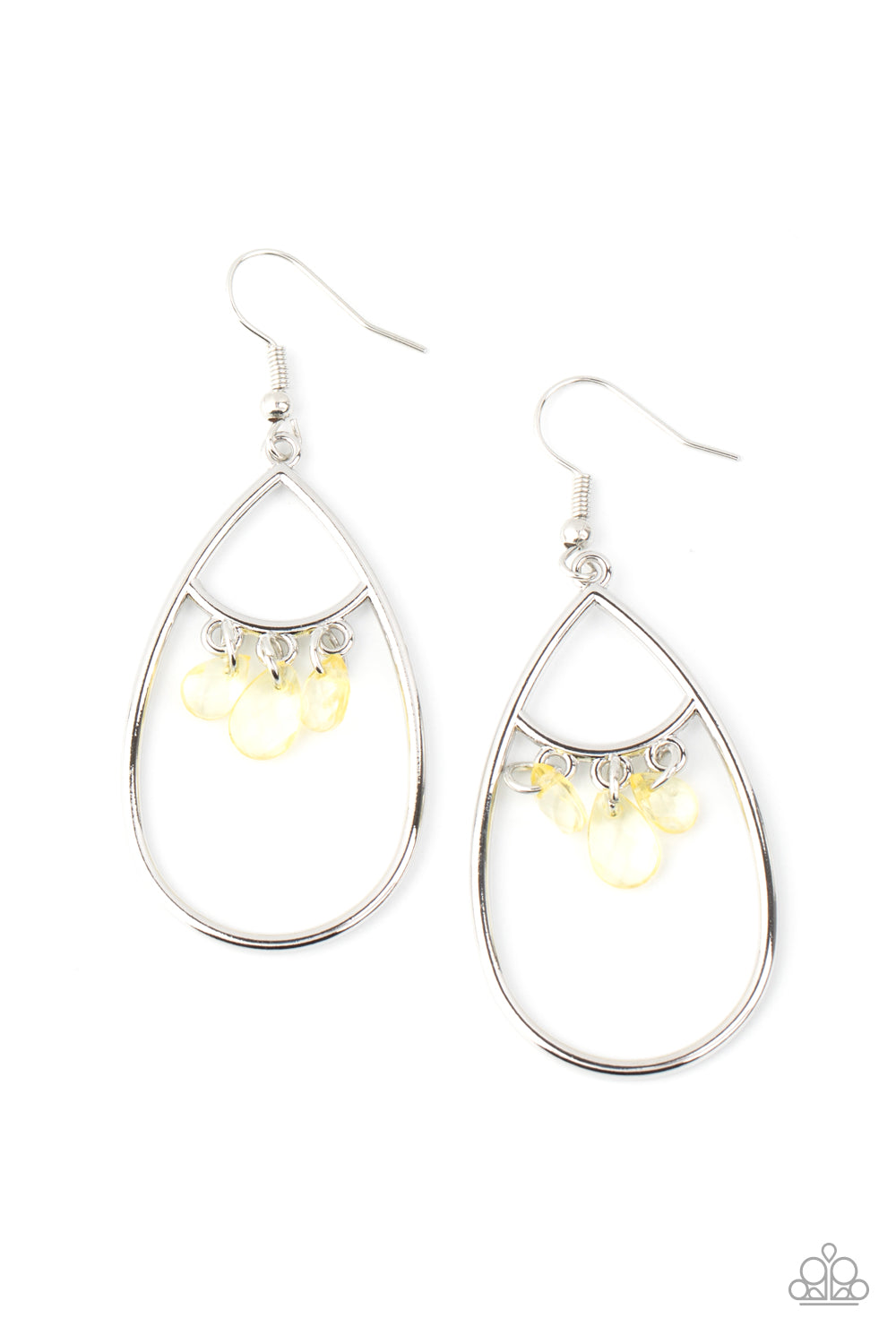 Faceted yellow teardrops swing from the top of a shimmery silver teardrop, creating a colorful fringe. Earring attaches to a standard fishhook fitting.
Sold as one pair of earrings.