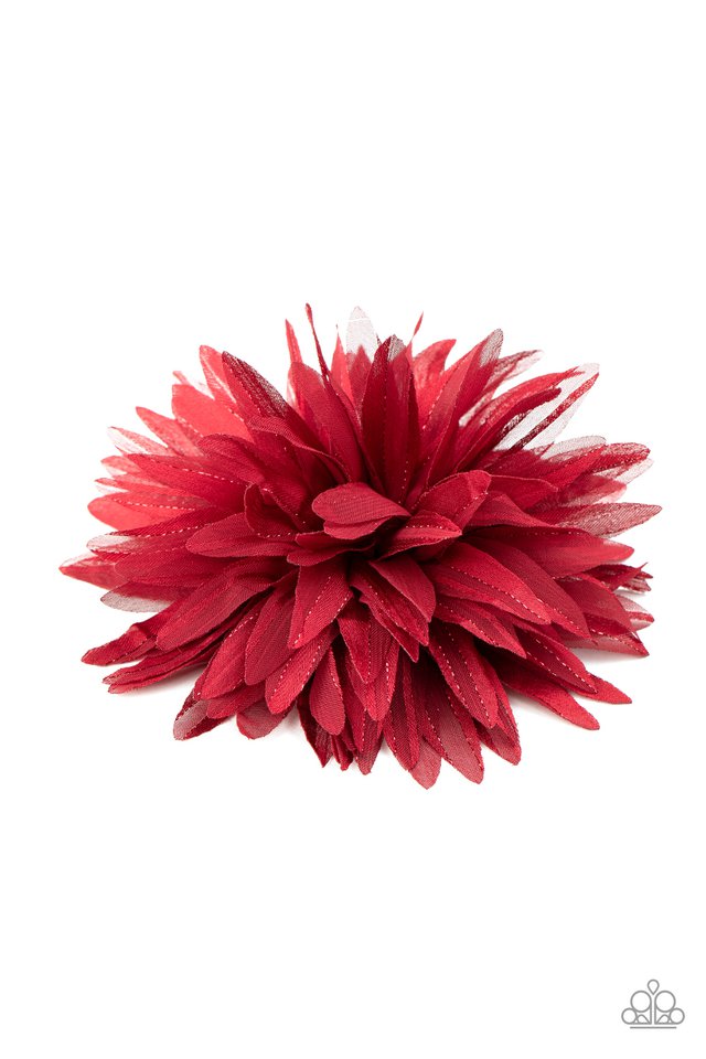 Featuring hints of shimmer, red chiffon petals burst into an elegant blossom. Features a standard hair clip on the back. Sold as one individual hair clip.