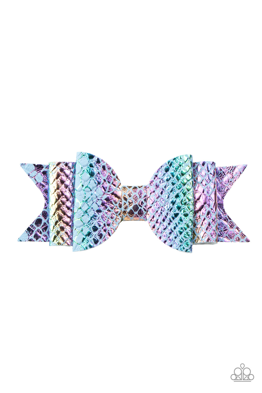 Featuring a rainbow scale pattern, an iridescent piece of leather delicately knots into a mermaid inspired bow. Features a standard hair clip. Sold as one individual hair clip.