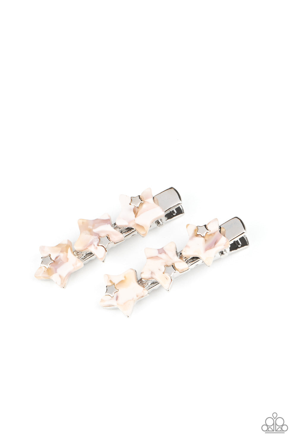 Dotted with dainty silver star charms, trios of Peach Nougat acrylic stars coalesce into a pair of colorful frames. Features standard hair clips on the back. Sold as one pair of hair clips.