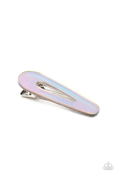 Featuring a rainbow iridescence, a glassy acrylic frame adorns the front of a classic frame, creating a holographic inspired glow. Features a standard hair clip. Sold as one individual hair clip.