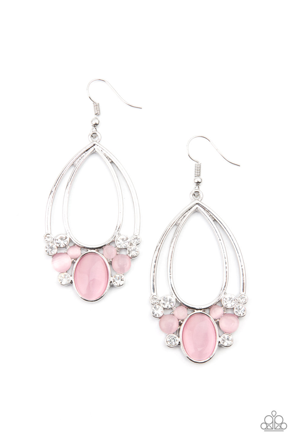 A glamorous collection of glittery white rhinestones and dewy pink cat's eye stones collect at the bottom of two stacked silver teardrop frames, creating an enchanted fringe. Earring attaches to a standard fishhook fitting. Sold as one pair of earrings.