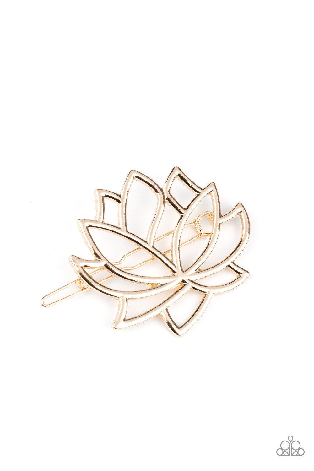 An airy gold lotus blooms into a whimsical floral display. Features a clamp barrette closure. Sold as one individual hair clip.