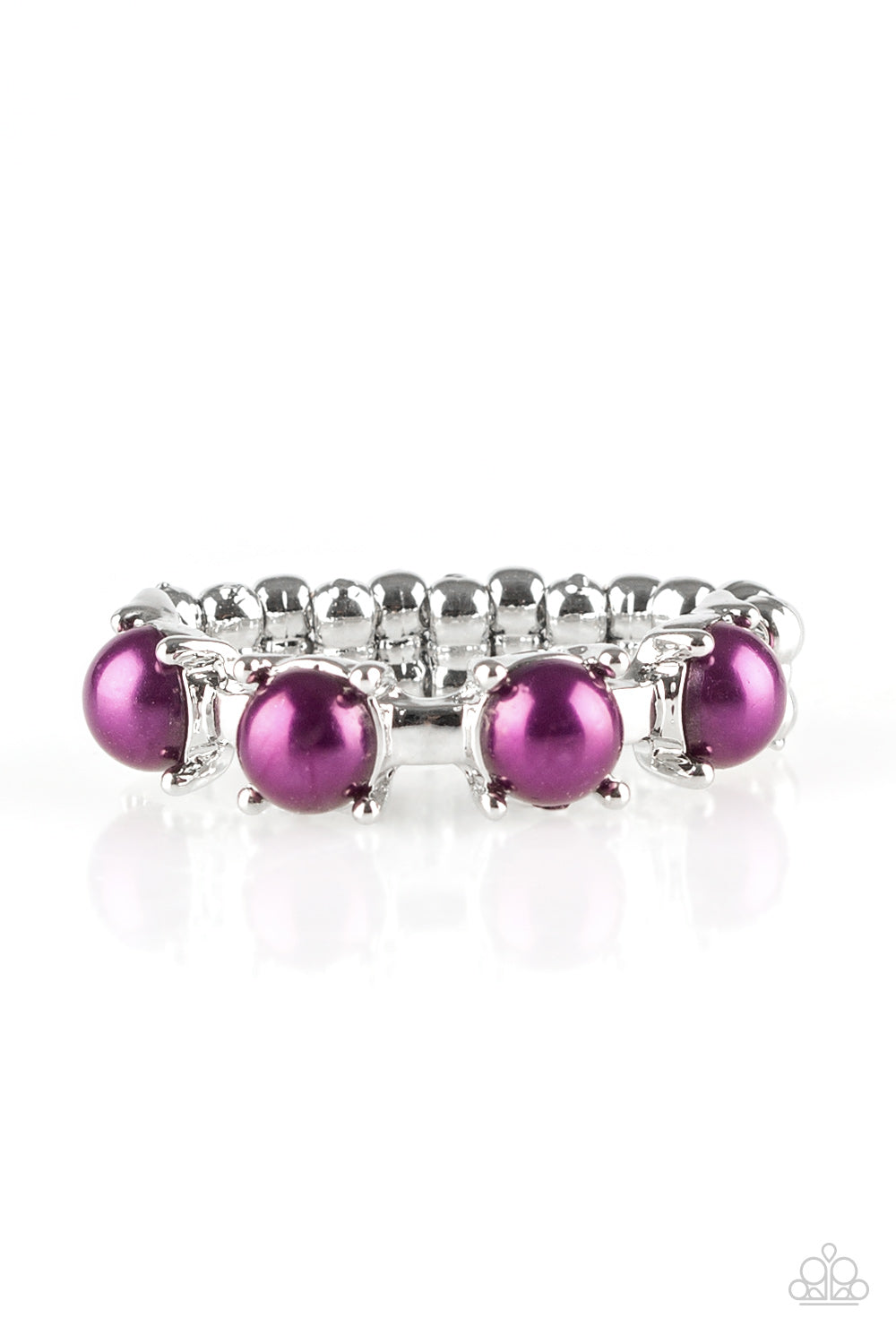 Pearly purple beads are encrusted along a shimmery silver band for a refined look. Features a dainty stretchy band for a flexible fit. Sold as one individual ring.