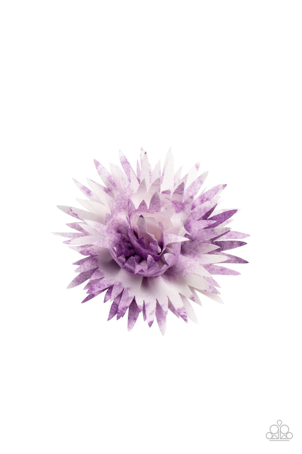 Featuring vivacious purple tie dye accents, boisterous petals bloom into a bouncy blossom. Features a standard hair clip on the back. Sold as one individual hair clip.